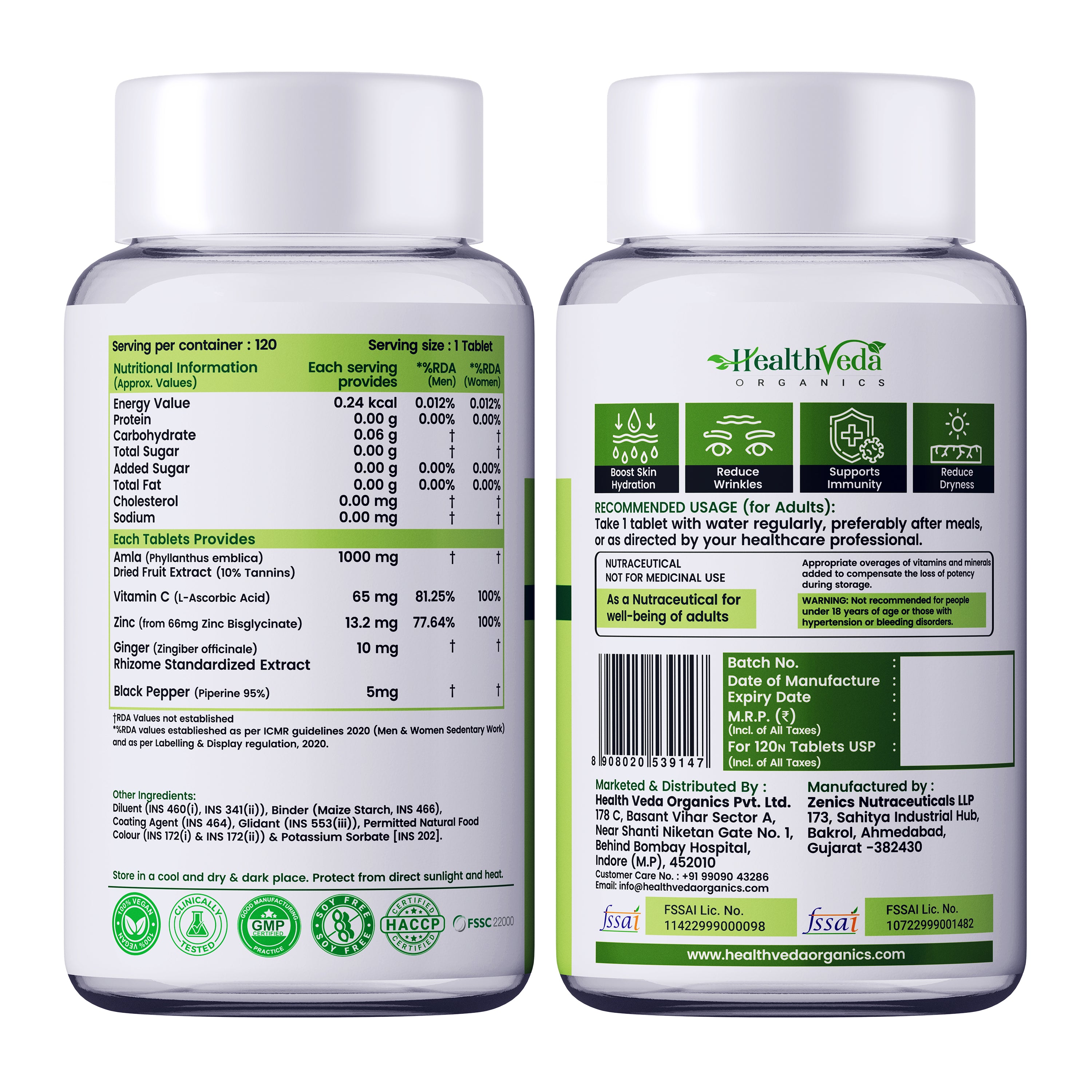 Health Veda Organics Natural Vitamin C Supplement 1000mg with Amla Extract, Zinc Bisglycinate, Ginger & Black Pepper | Immunity Booster, Antioxidant, Collagen & Skin Support | Vitamin C Tablets - 120 Tablets