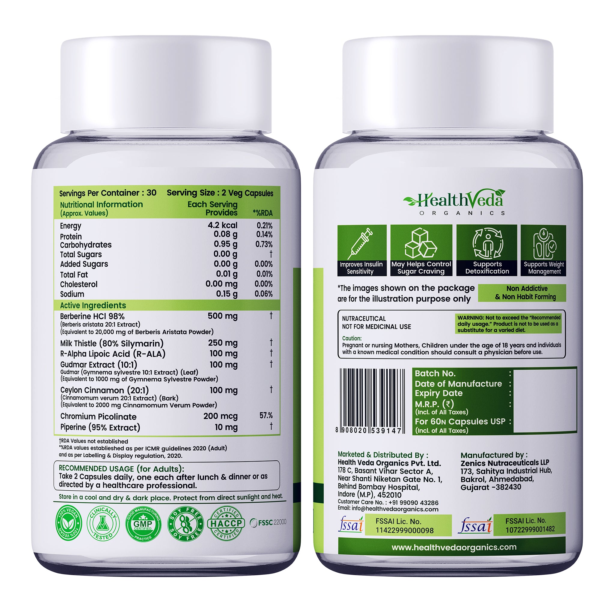 Health Veda Organics Berberine Supplements | Berberine HCL 98% 500mg (1060mg per Serving) | Blood Sugar Support, Metabolism Booster | With Gymnema (Gudmar), Cinnamon, R-ALA, Milk Thistle & Chromium | 60 Veg Capsules