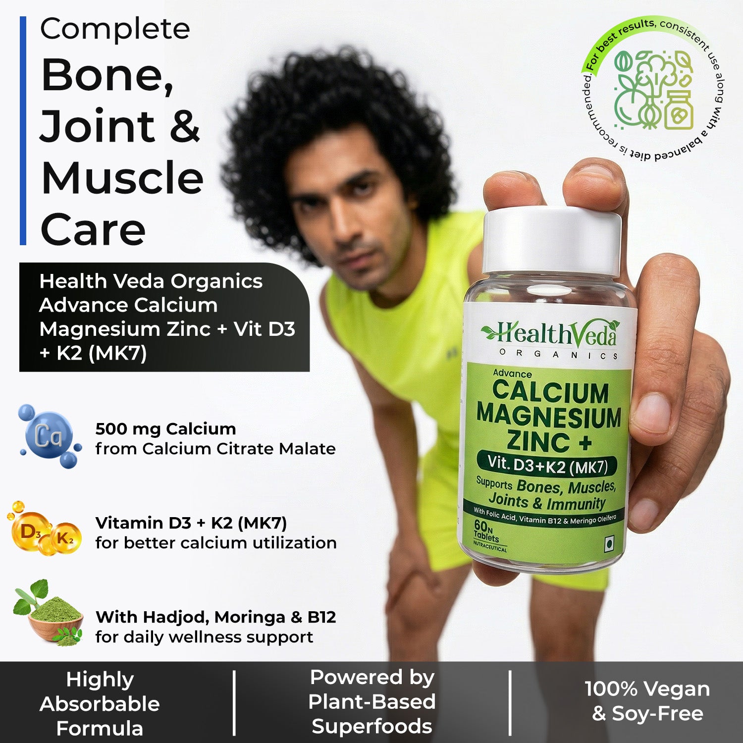 Health Veda Organics Calcium Magnesium Zinc Tablets 1000mg For Healthy Bone - 60 Veg Tablet