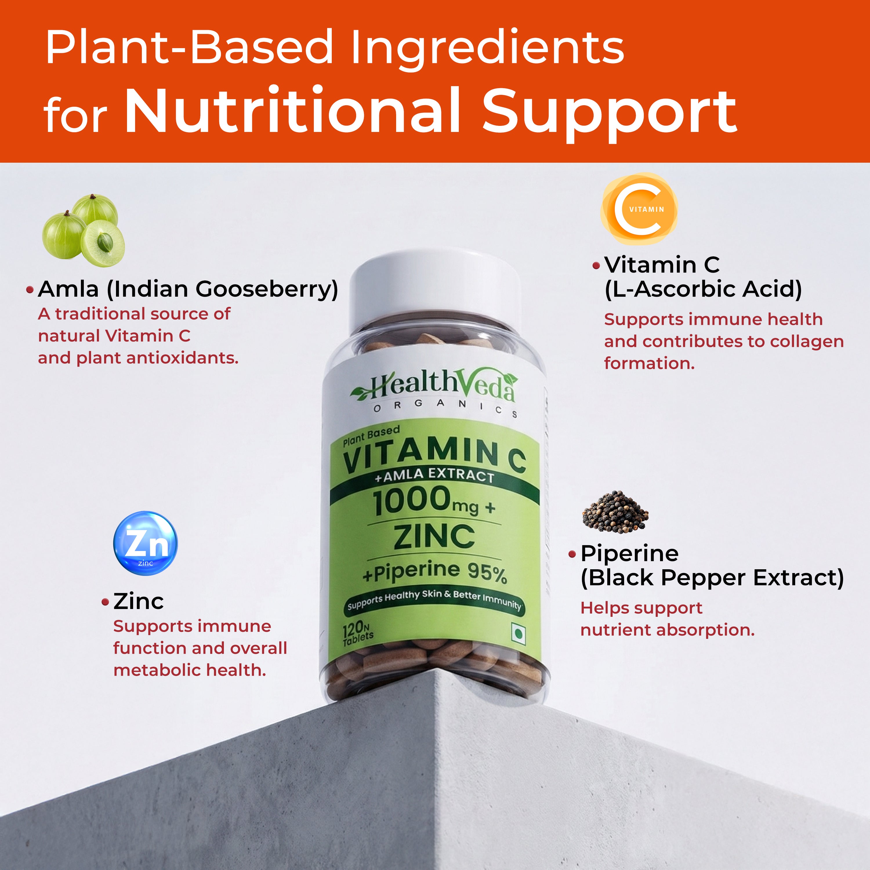 Health Veda Organics Natural Vitamin C Supplement 1000mg with Amla Extract, Zinc Bisglycinate, Ginger & Black Pepper | Immunity Booster, Antioxidant, Collagen & Skin Support | Vitamin C Tablets - 120 Tablets
