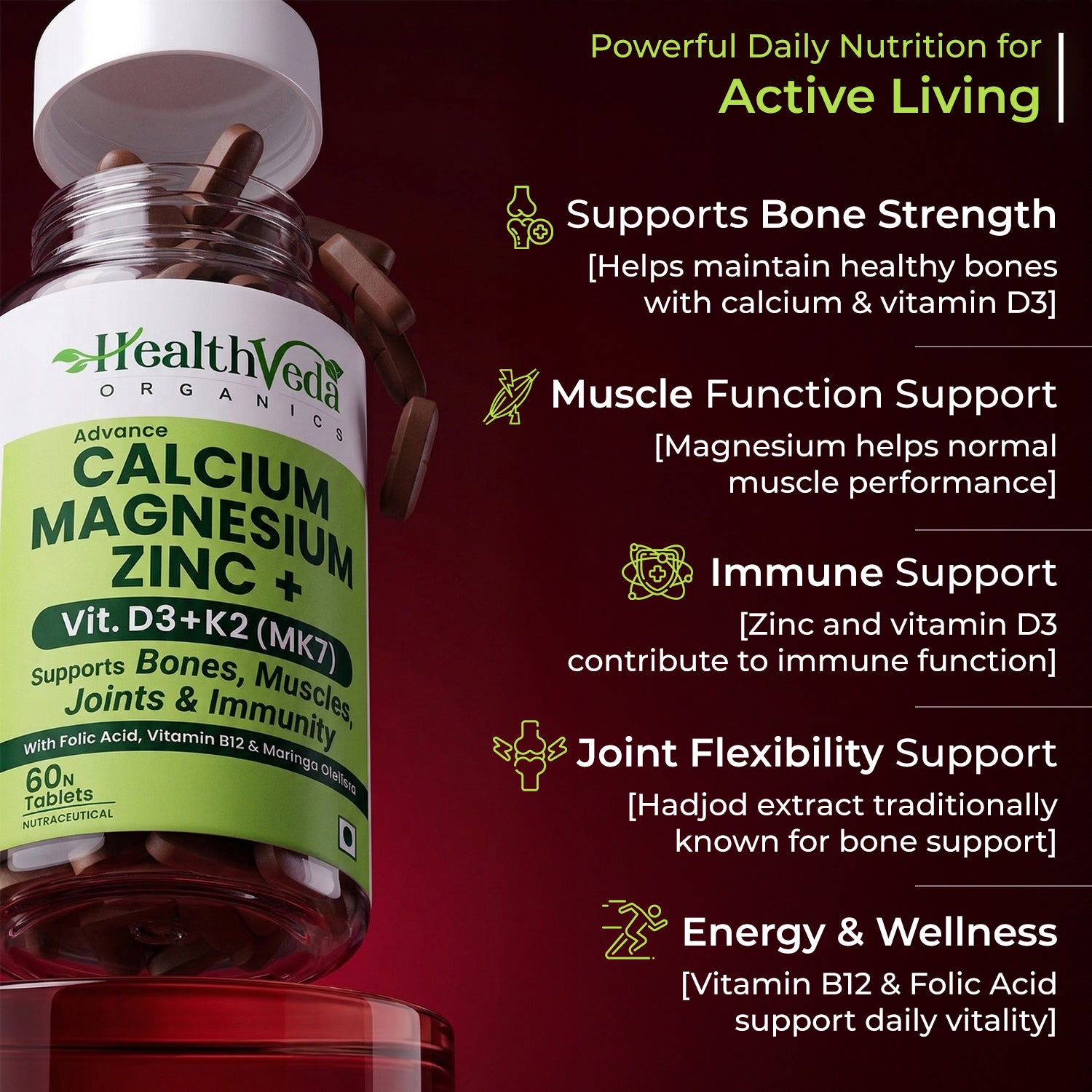 Health Veda Organics Calcium Magnesium Zinc Tablets 1000mg For Healthy Bone - 60 Veg Tablet