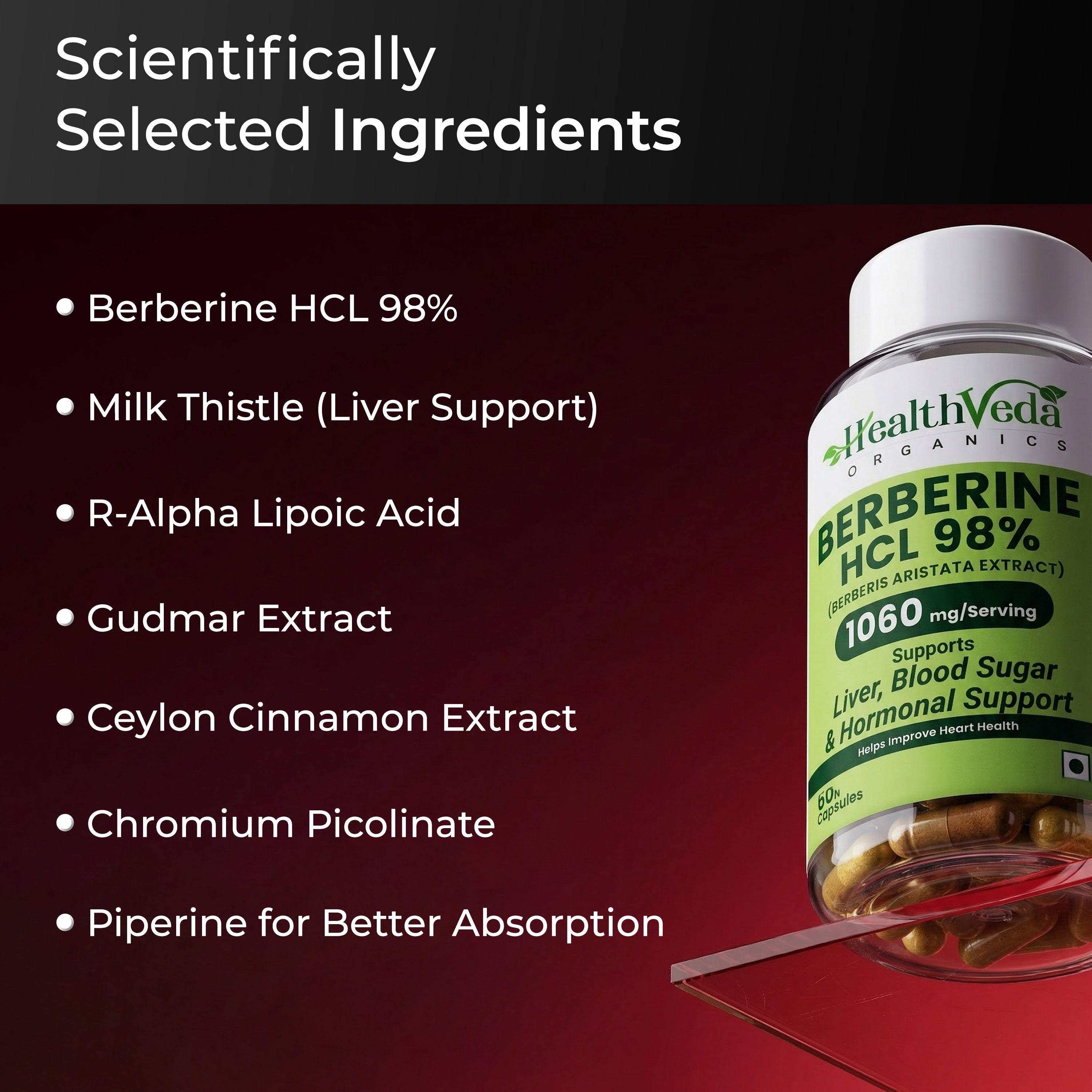 Health Veda Organics Berberine Supplements | Berberine HCL 98% 500mg (1060mg per Serving) | Blood Sugar Support, Metabolism Booster | With Gymnema (Gudmar), Cinnamon, R-ALA, Milk Thistle & Chromium | 60 Veg Capsules