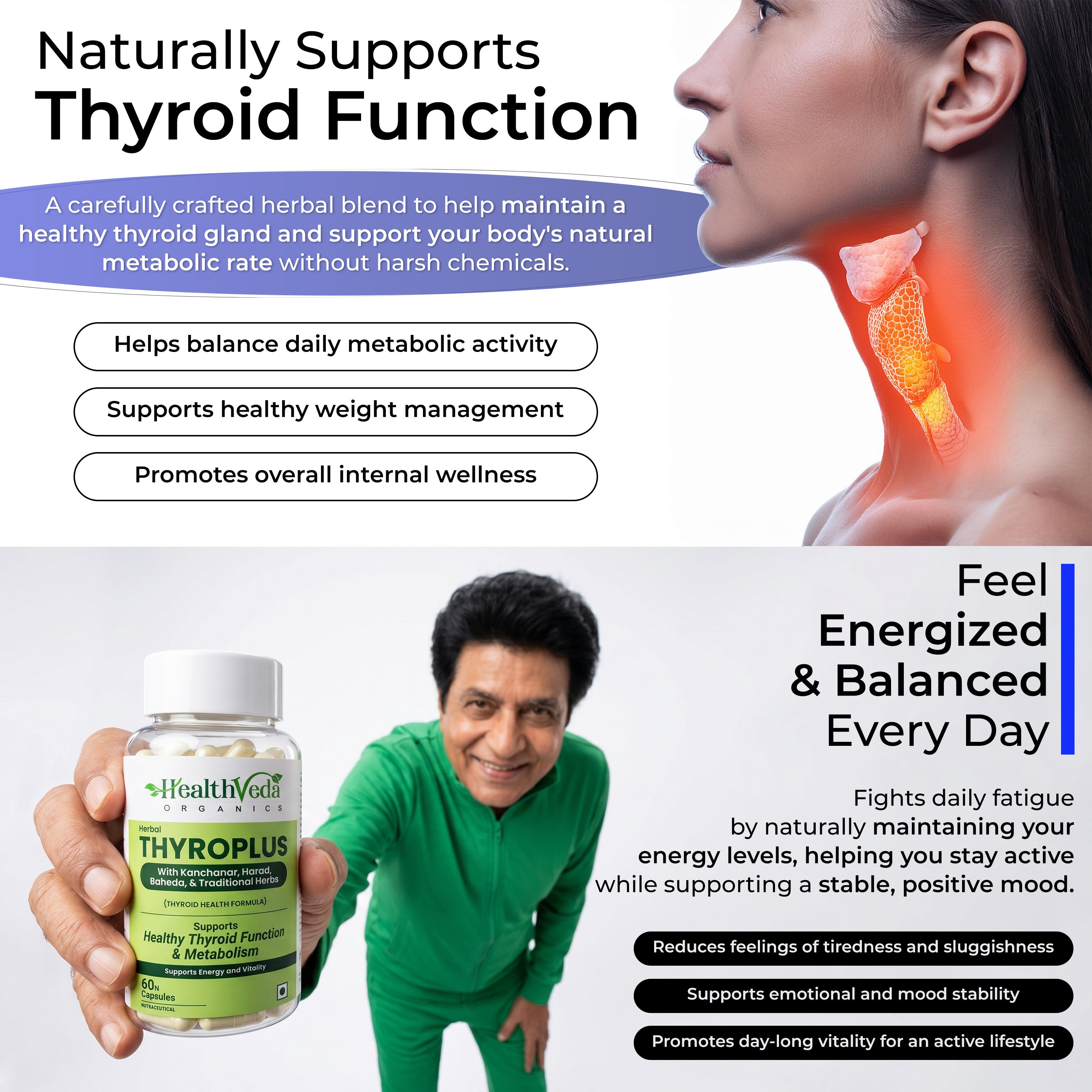 Health Veda Organics Thyroplus Supplements packed with Natural Ingredients for Thyroid Support - 60 Veg Capsules for Men & Women