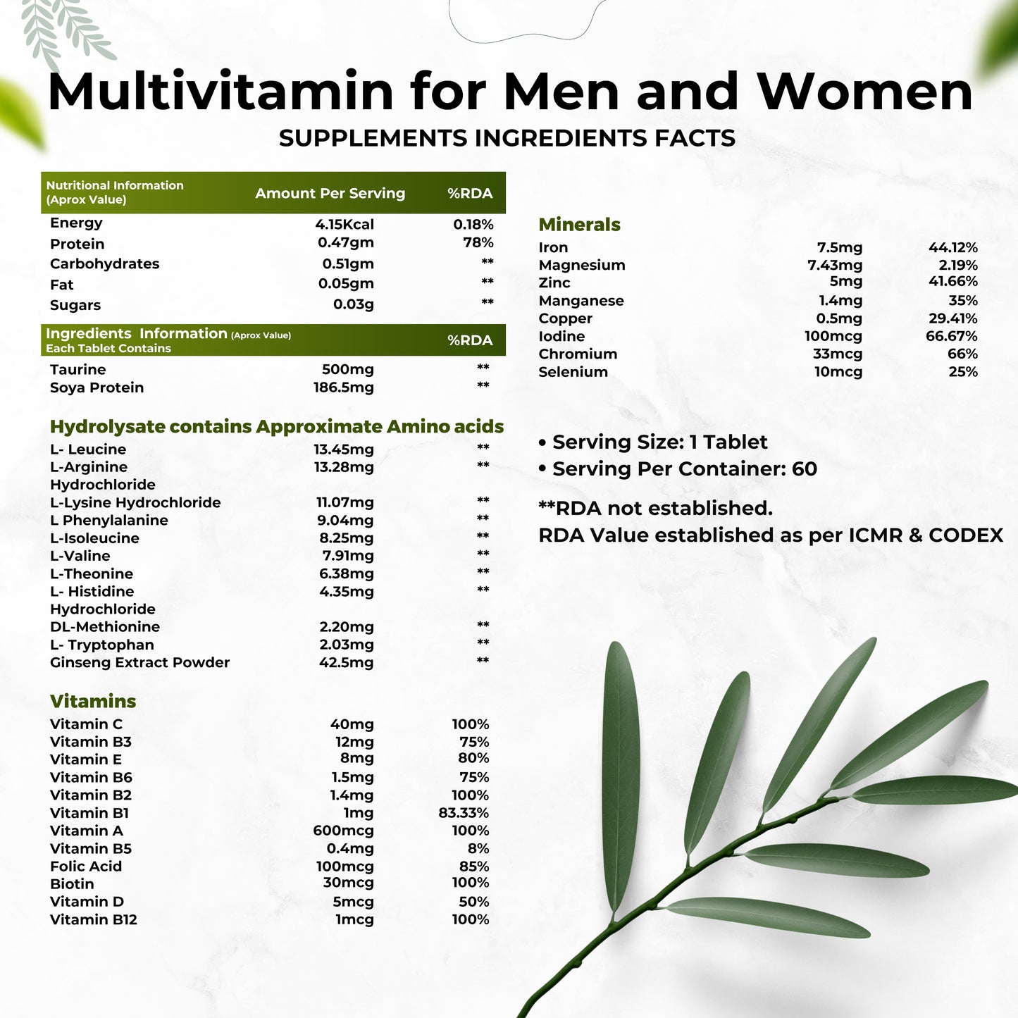 Health Veda Organics Multivitamin for Men and Women with Zinc, Vitamin C, Vitamin D3, Multiminerals & Ginseng Extract | 60 Veg Tablets