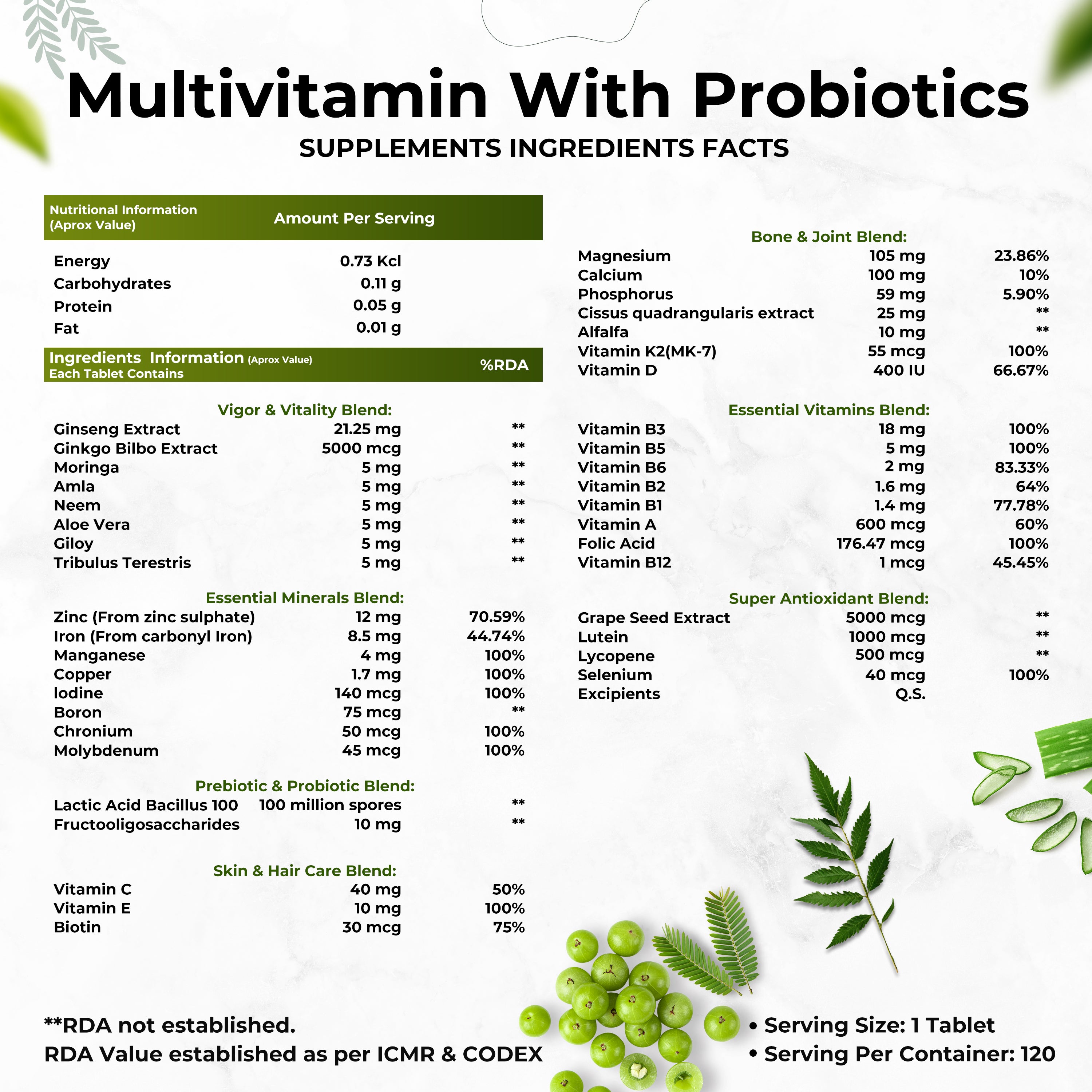Multivitamin with Probiotics - 45 Ingredients for Men & Women with Vitamin C, D, E, B3, B12, Zinc, Giloy & Biotin (120 Tablets)