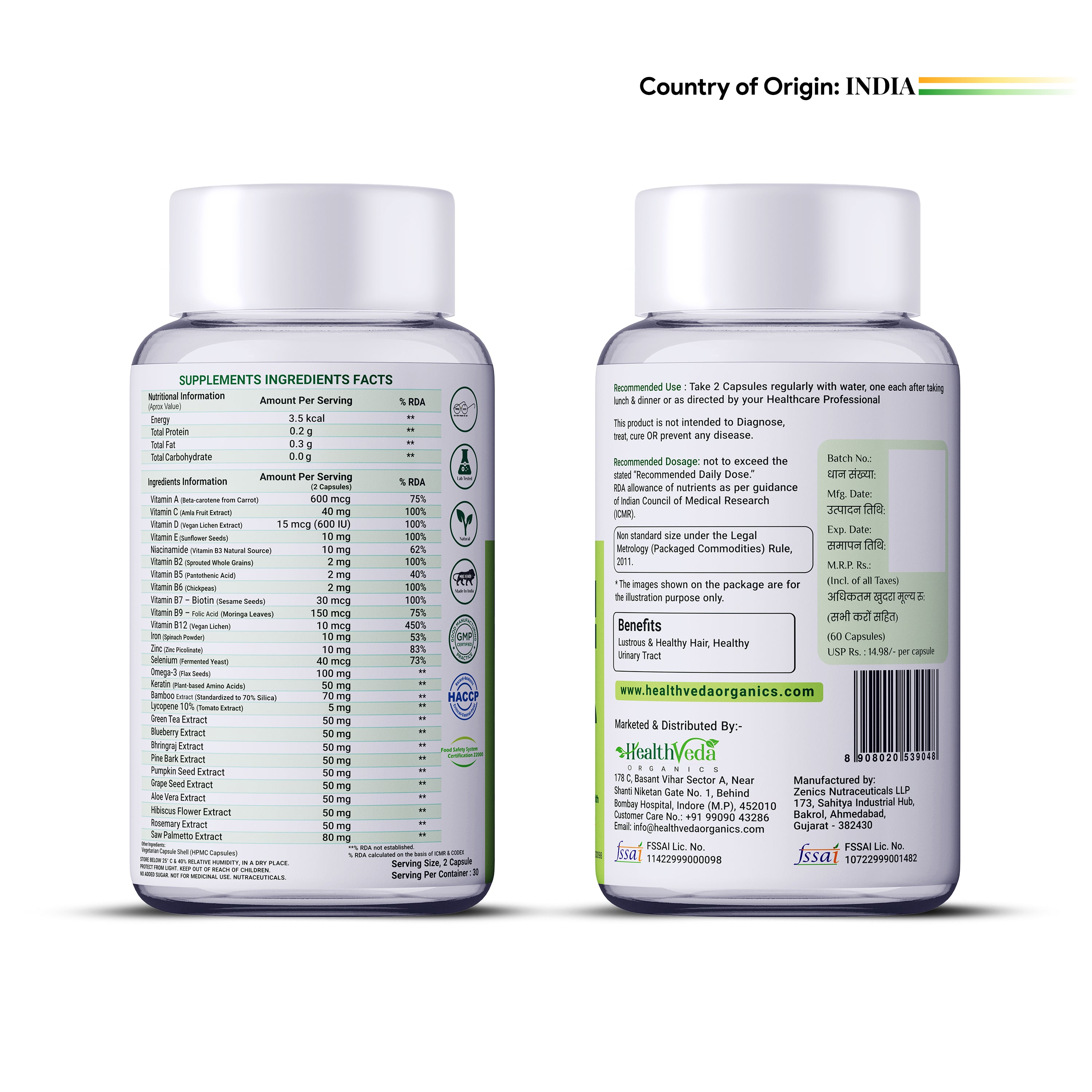 Health Veda Organics Advance Hair Vitamin with DHT Blocker & Biotin | Clinically proven Hair Vitamins For Men & Women - 60 Veg Capsules