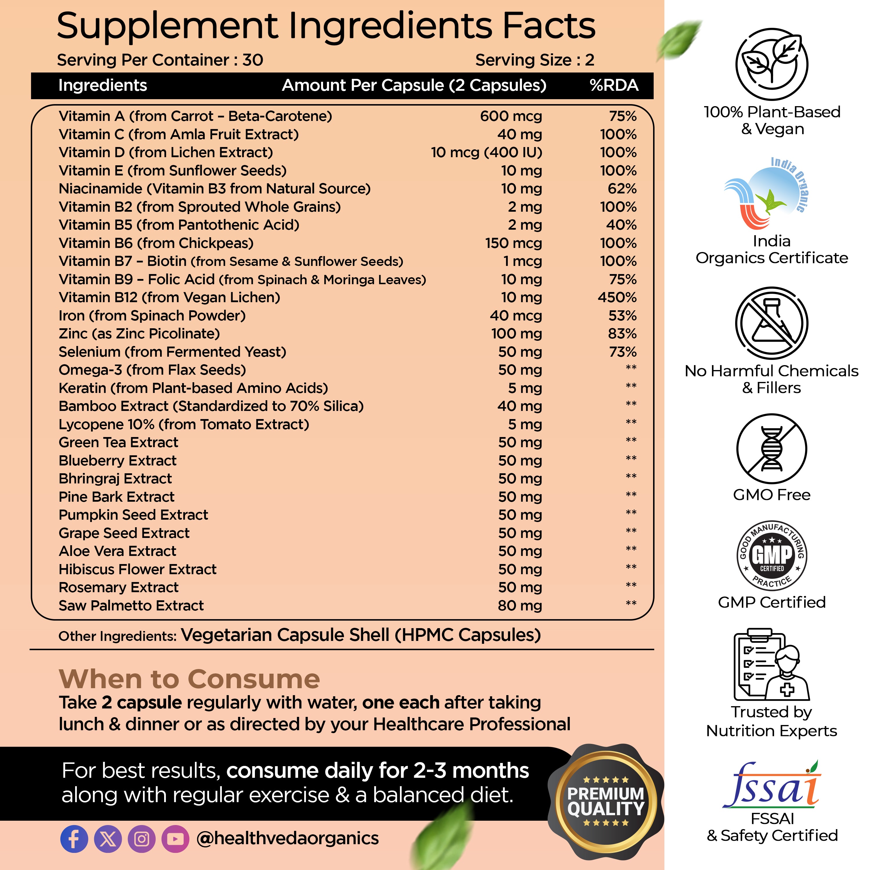 Health Veda Organics Advance Hair Vitamin with DHT Blocker & Biotin | Clinically proven Hair Vitamins For Men & Women - 60 Veg Capsules