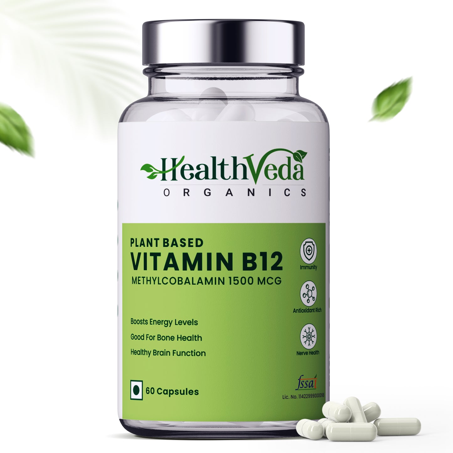 Health Veda Organics Plant Based Vitamin B-12, 1500mcg | 60 Veg Capsules | Boost Energy Level