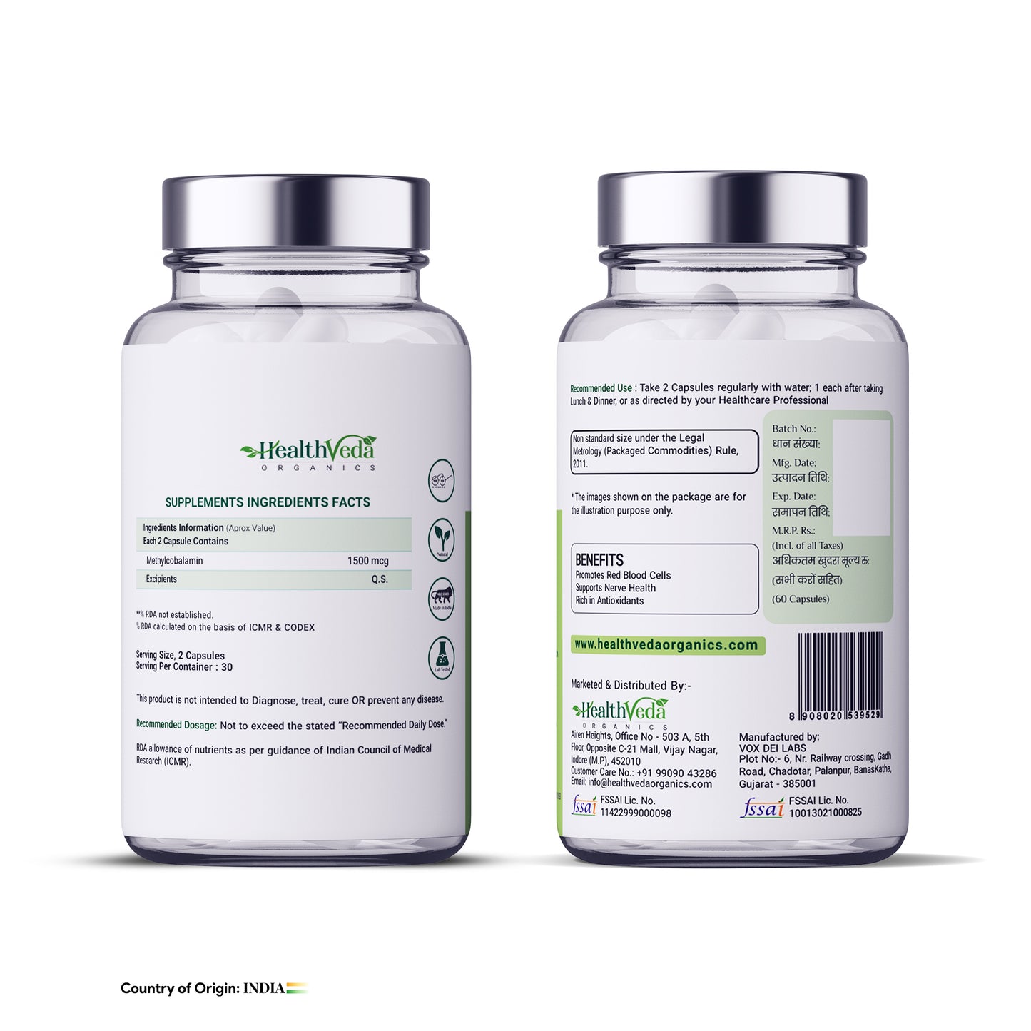 Health Veda Organics Plant Based Vitamin B-12, 1500mcg | 60 Veg Capsules | Boost Energy Level