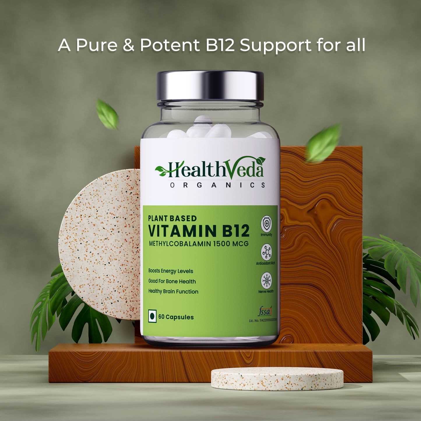 Health Veda Organics Plant Based Vitamin B-12, 1500mcg | 60 Veg Capsules | Boost Energy Level