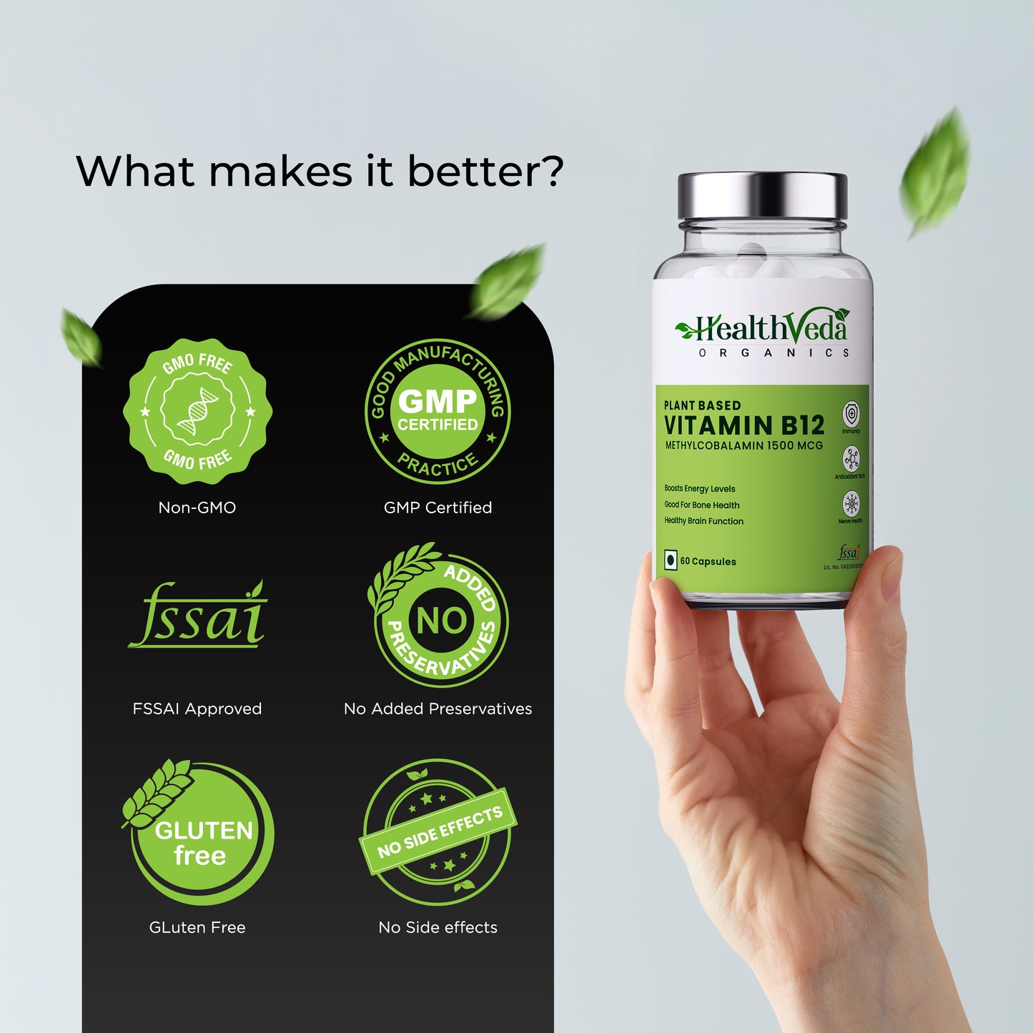 Health Veda Organics Plant Based Vitamin B-12, 1500mcg | 60 Veg Capsules | Boost Energy Level