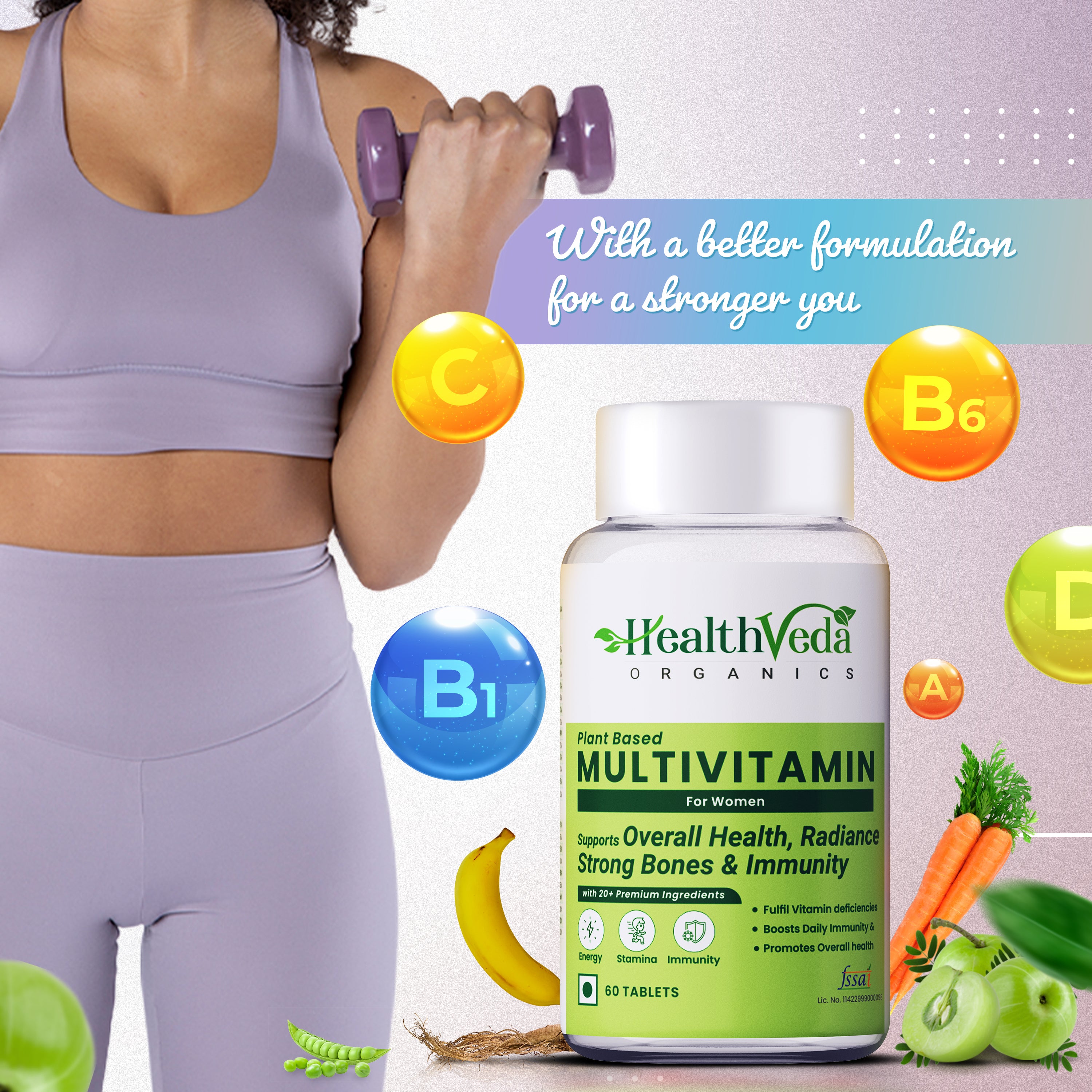 Health Veda Organics Multivitamin for women with Biotin, Vitamin C & 21 vital Nutrients for Overall Health, Radiance, Strong Bones & Immunity | 60 Veg Tablets