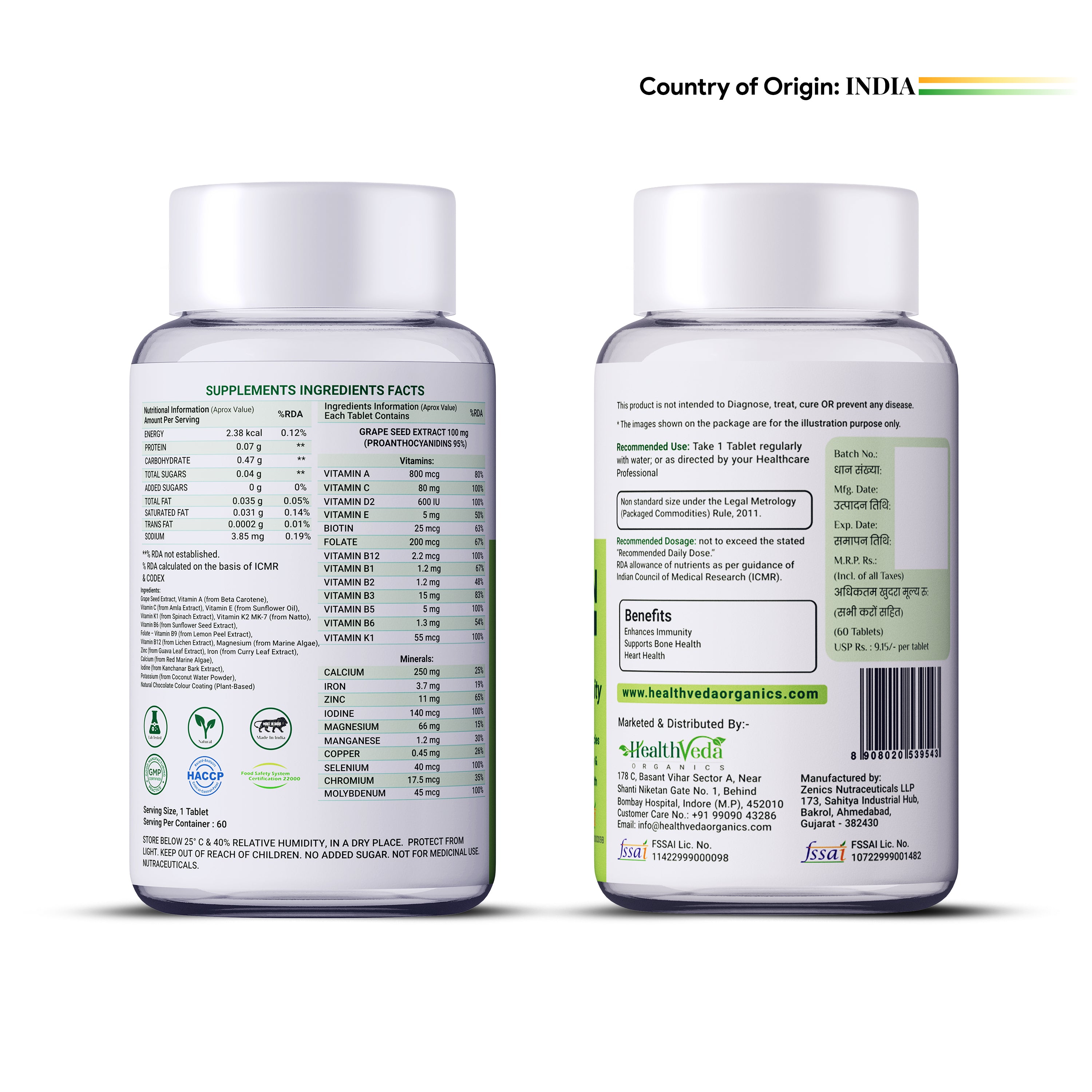 Health Veda Organics Multivitamin for Men, 60 Multivitamin Tablets, with Zinc, Vitamin C, Vitamin D3, Multiminerals and Ginseng Extract, Enhances Energy, Stamina & Immunity