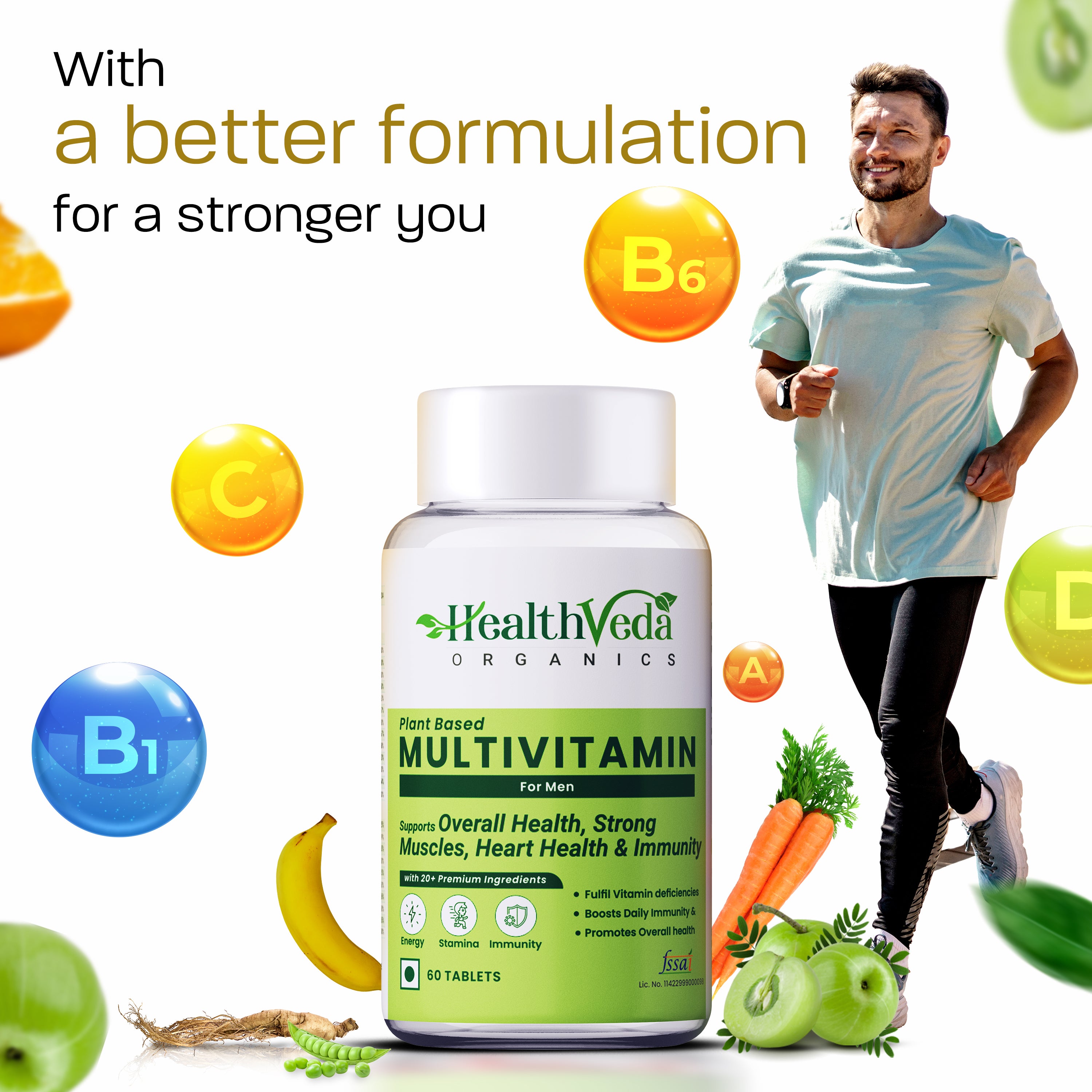 Health Veda Organics Multivitamin for Men, 60 Multivitamin Tablets, with Zinc, Vitamin C, Vitamin D3, Multiminerals and Ginseng Extract, Enhances Energy, Stamina & Immunity