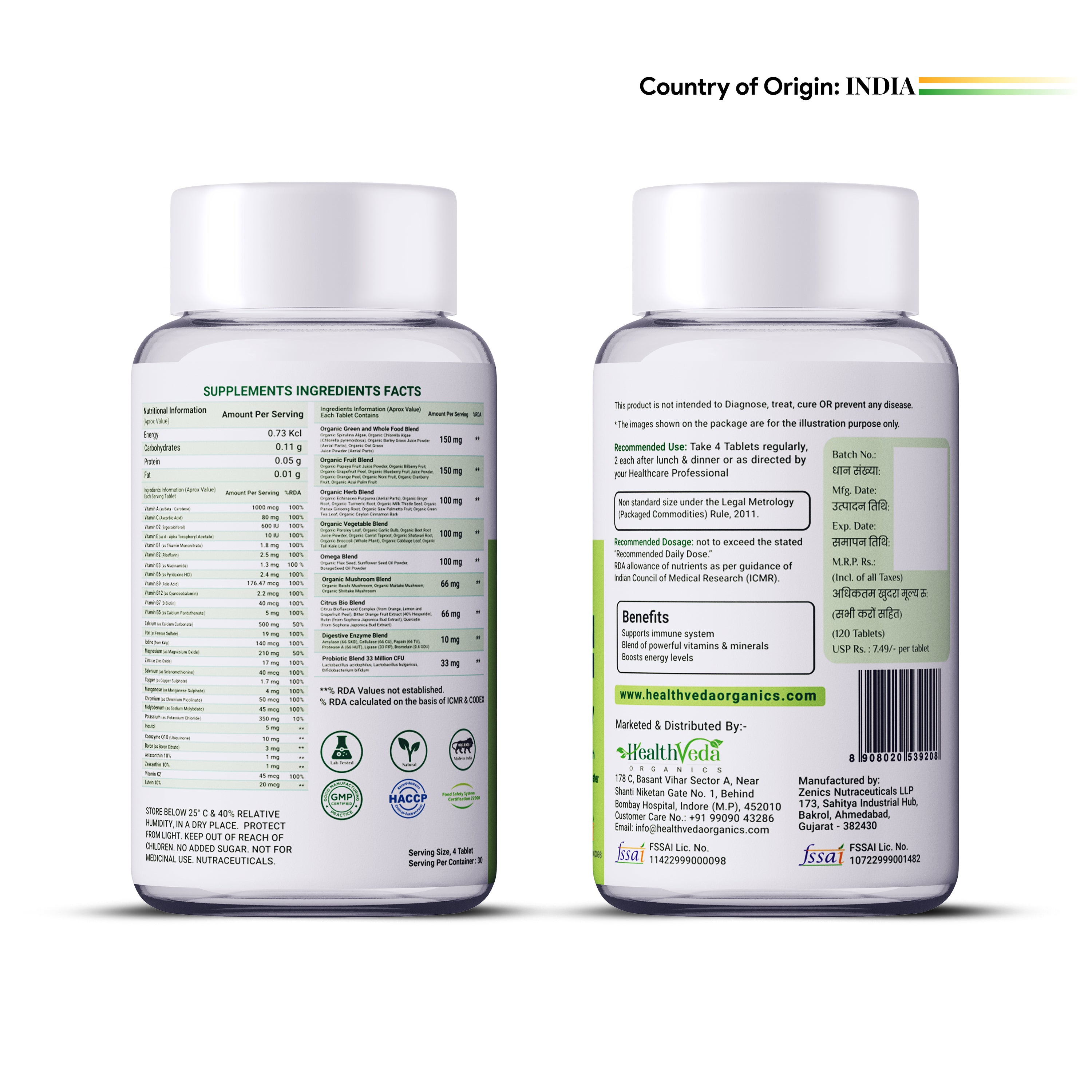 Health Veda Organics Whole Food Multivitamin – 120 Veg Tablets for Men & Women | For the Immunity, Daily Energy & Wellness Support