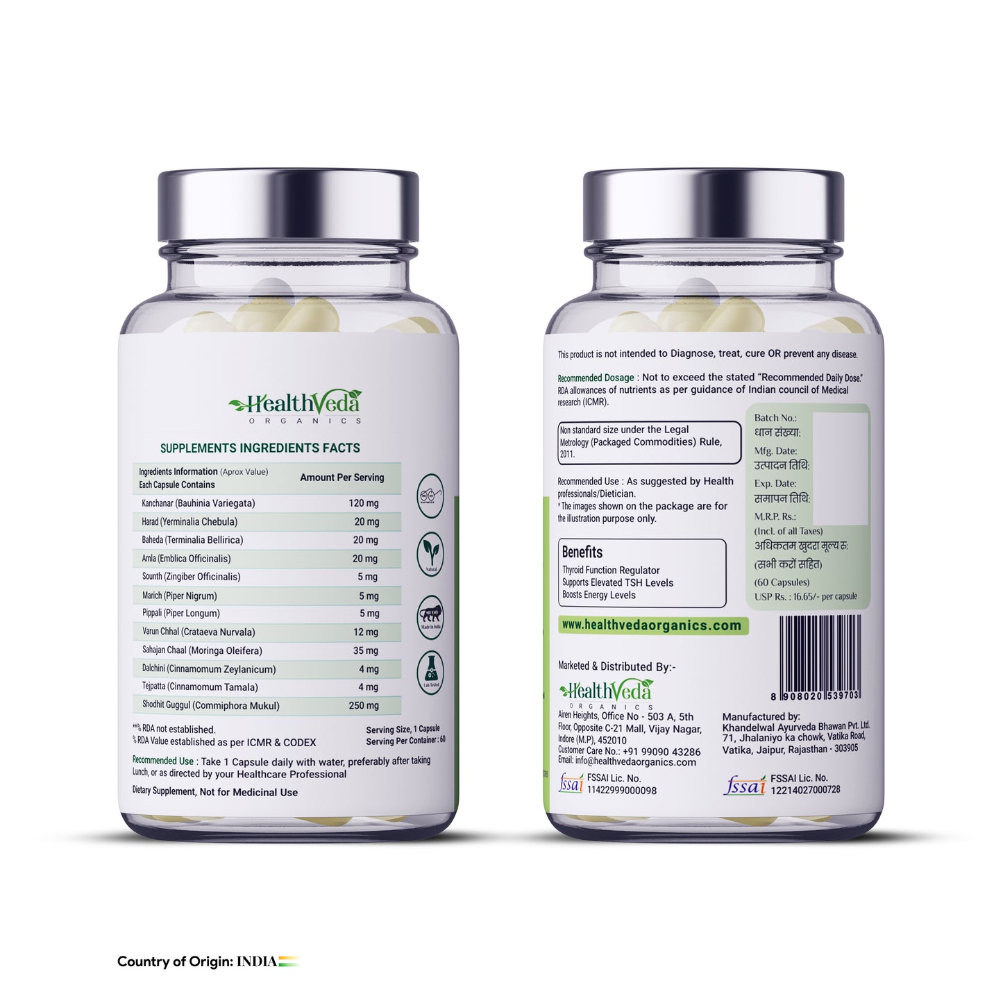 Health Veda Organics Thyroplus Supplements packed with Natural Ingredients for Thyroid Support - 60 Veg Capsules for Men & Women