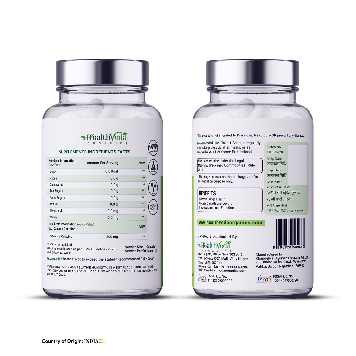 Health Veda Organics N - Acetyl L - Cysteine 500mg | 60 Veg Capsules | Lungs & Respiratory Support| Immune Health |For both Men & Women