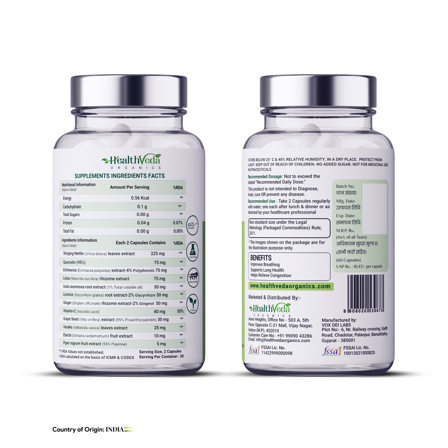 Health Veda Organics Lung Detox with Vitamin C & Grape Seed Extract | 60 Veg Capsules | Supports Healthy Breathing| For Detoxification of Lung & Immunity | For Both Men & Women