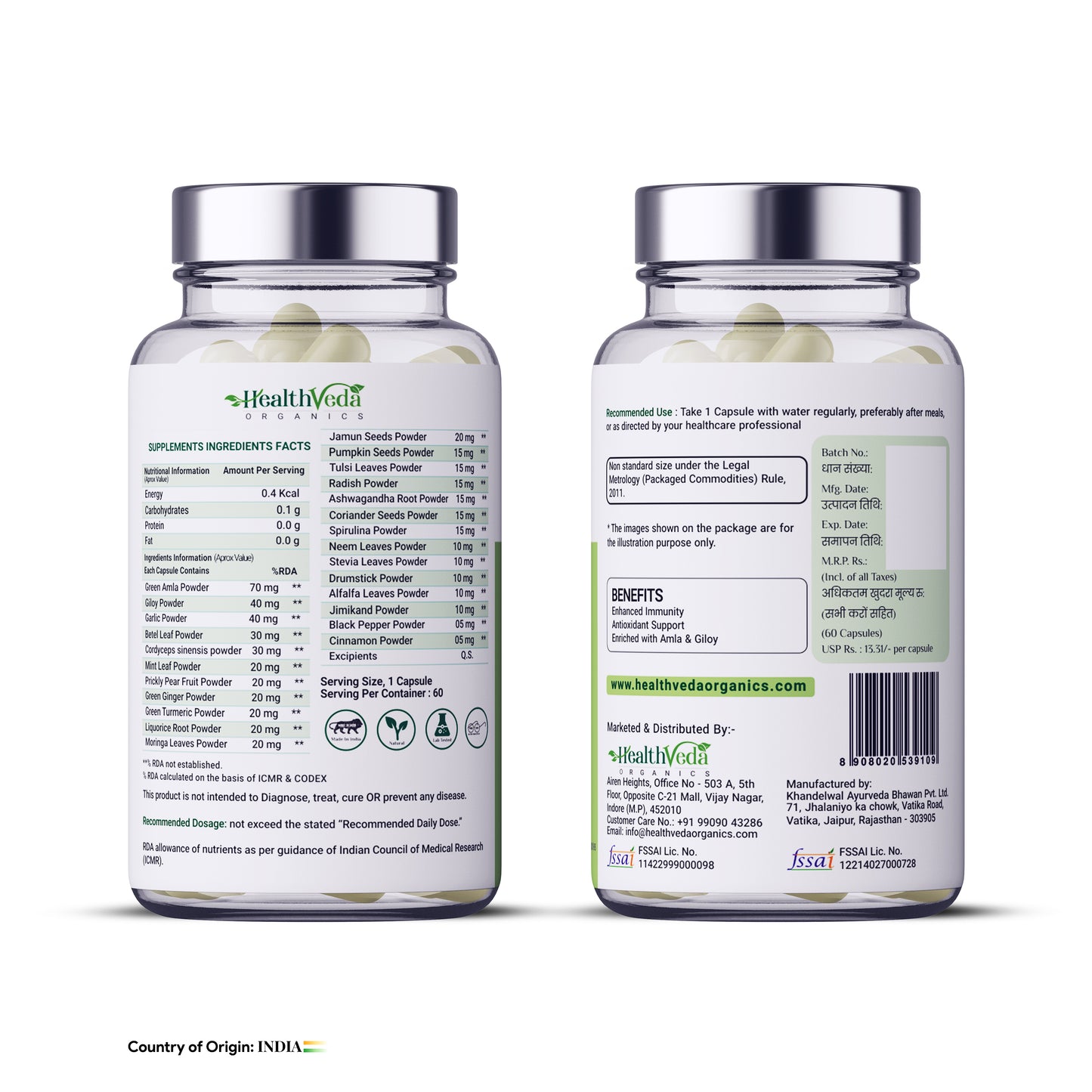 Health Veda Organics Natural Immunity Booster Capsules with Green Amla Powder, Giloy Powder, Mint leaves Powder - 60 Veg Capsules