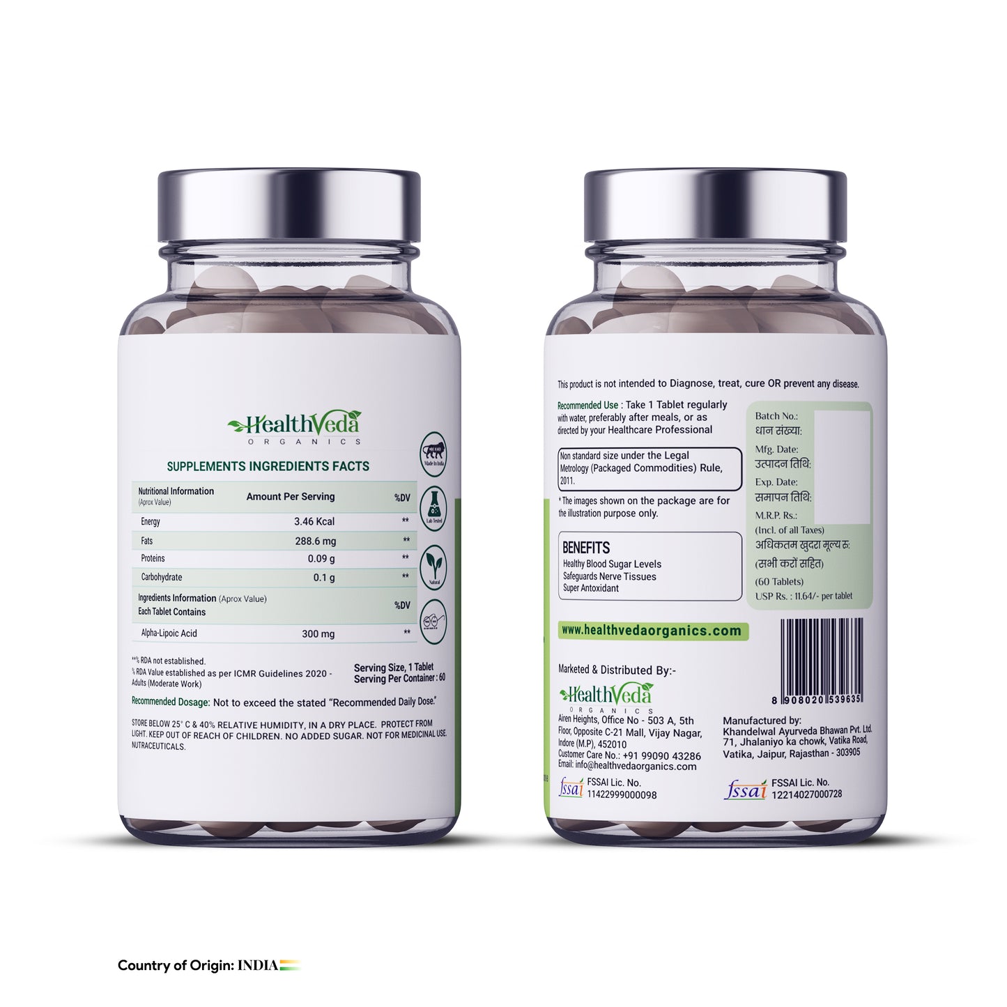 Health Veda Organics Alpha Lipoic Acid 300mg | 60 Veg Tablets | Boosts Liver Function, Maintains Healthy Blood Sugar, Antioxidant Support | For both Men & Women