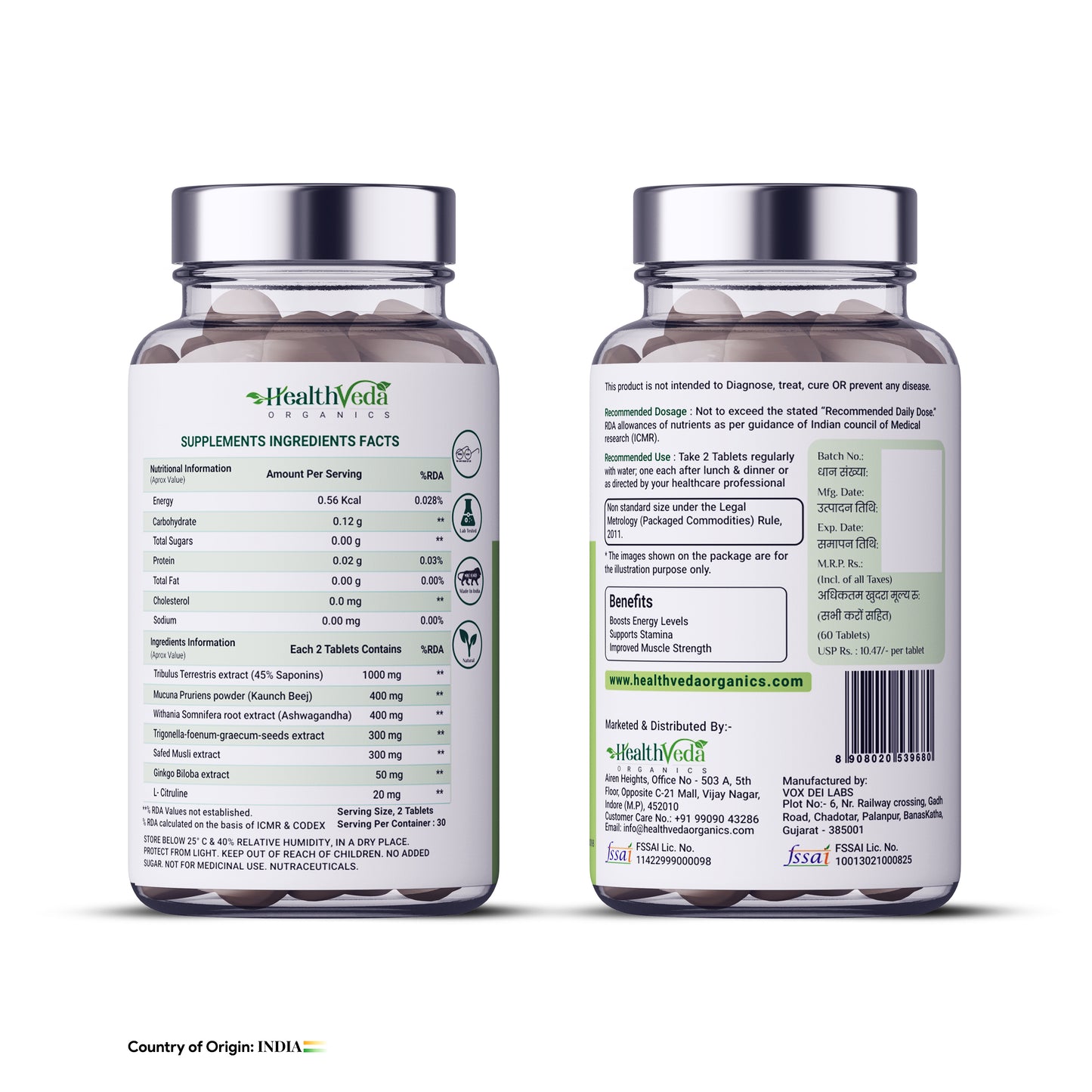 Health Veda Organics Plant Based Testo+ with Tribulus, Ashwagandha & Kaunch Beej | Improves Muscle Strength & Energy | 60 Veg Tablets for Men
