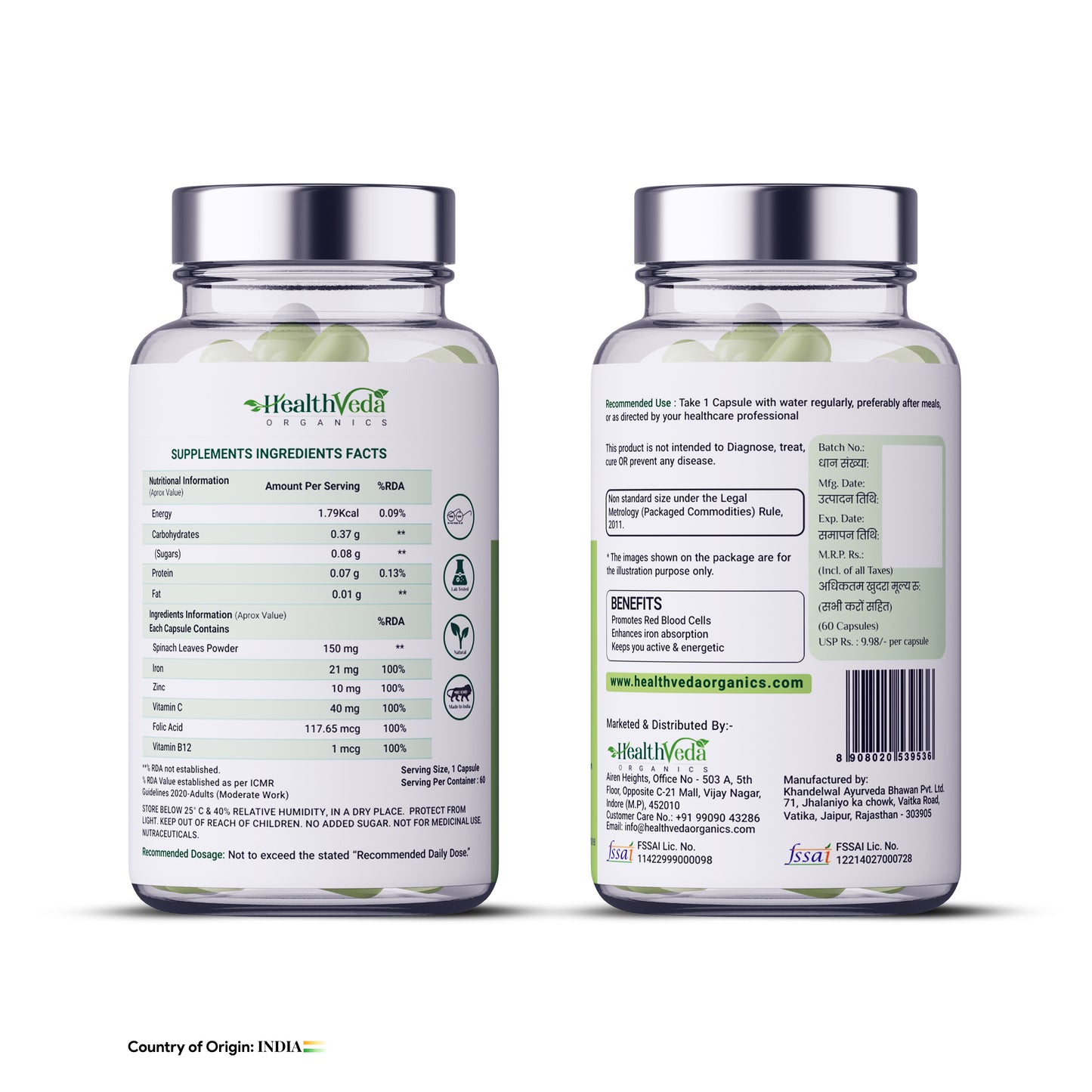 Health Veda Organics Iron + Folic Acid Supplement with Zinc, Vitamin C & Vitamin B12 | 60 Veg Capsules