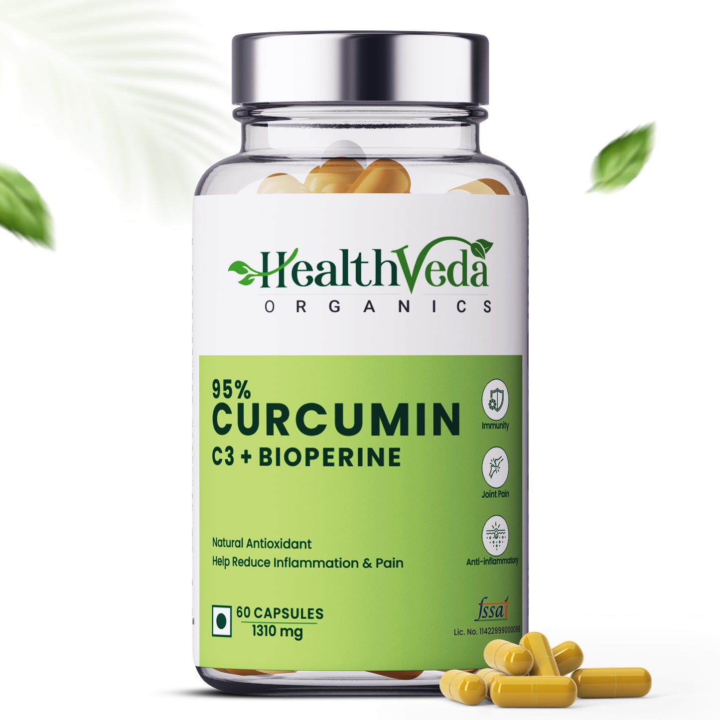 Health Veda Organics Curcumin C3 + Bioperine Supplements, 1310 Mg | 60 Veg Capsules | Supports Joint & Muscle Health