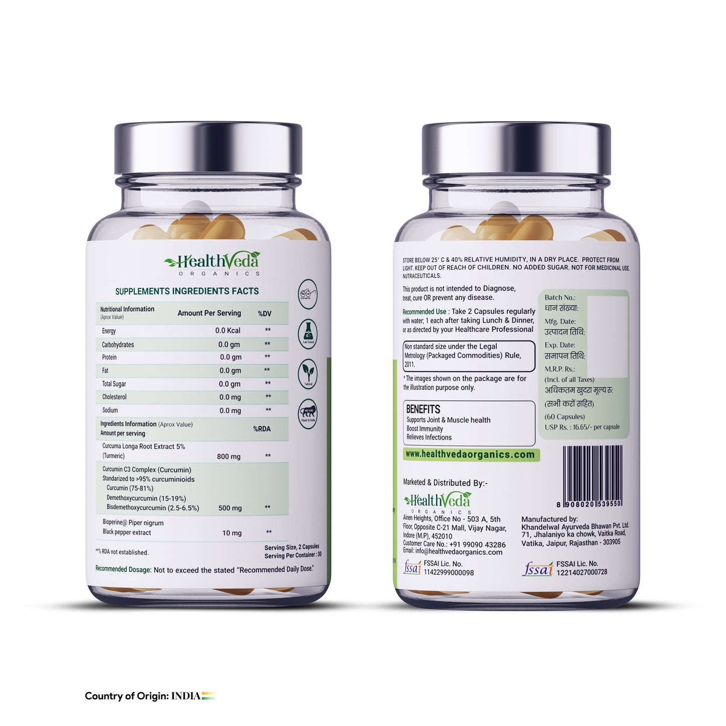 Health Veda Organics Curcumin C3 + Bioperine Supplements, 1310 Mg | 60 Veg Capsules | Supports Joint & Muscle Health