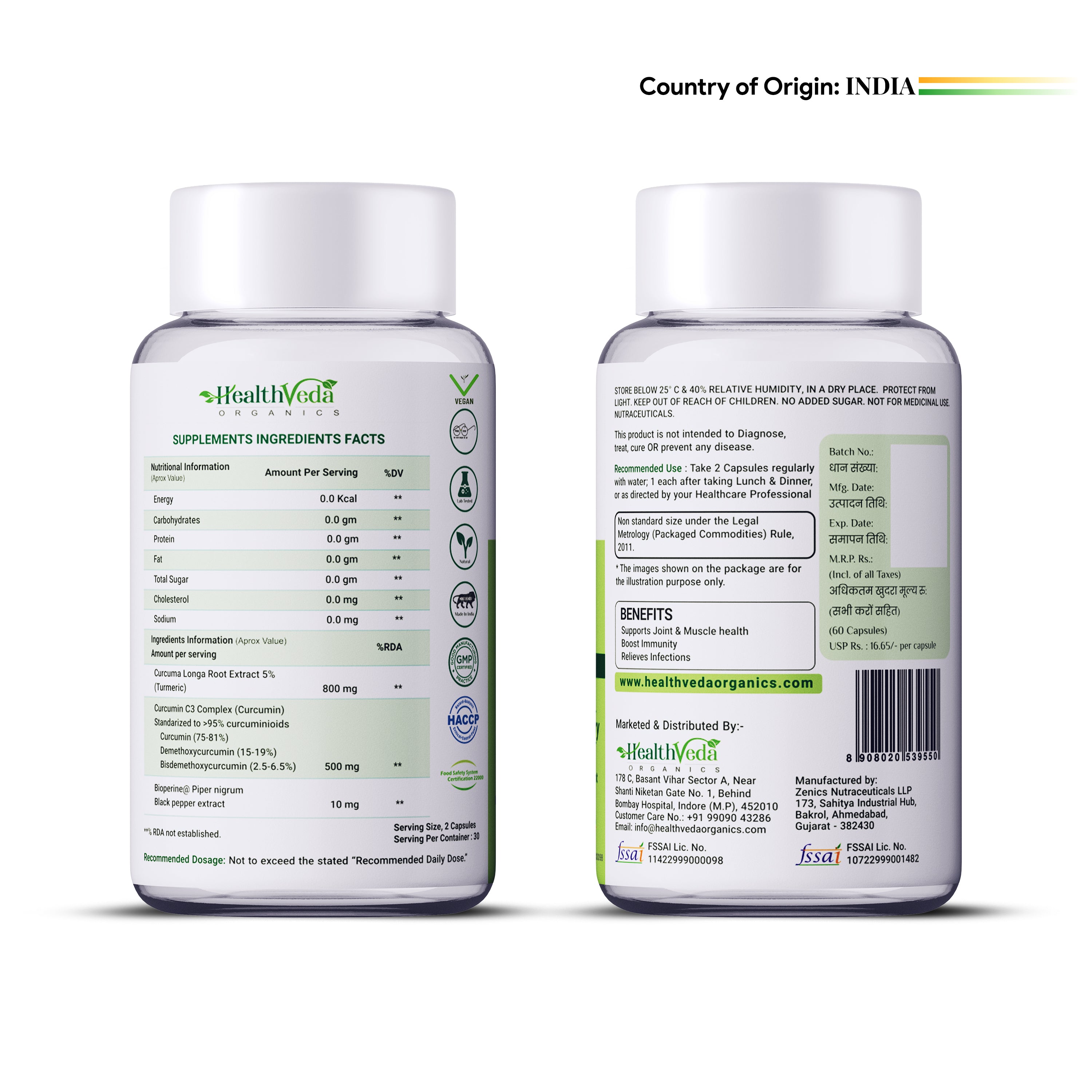 Health Veda Organics Curcumin C3 + Bioperine Supplements, 1310 Mg | 60 Veg Capsules | Supports Joint & Muscle Health