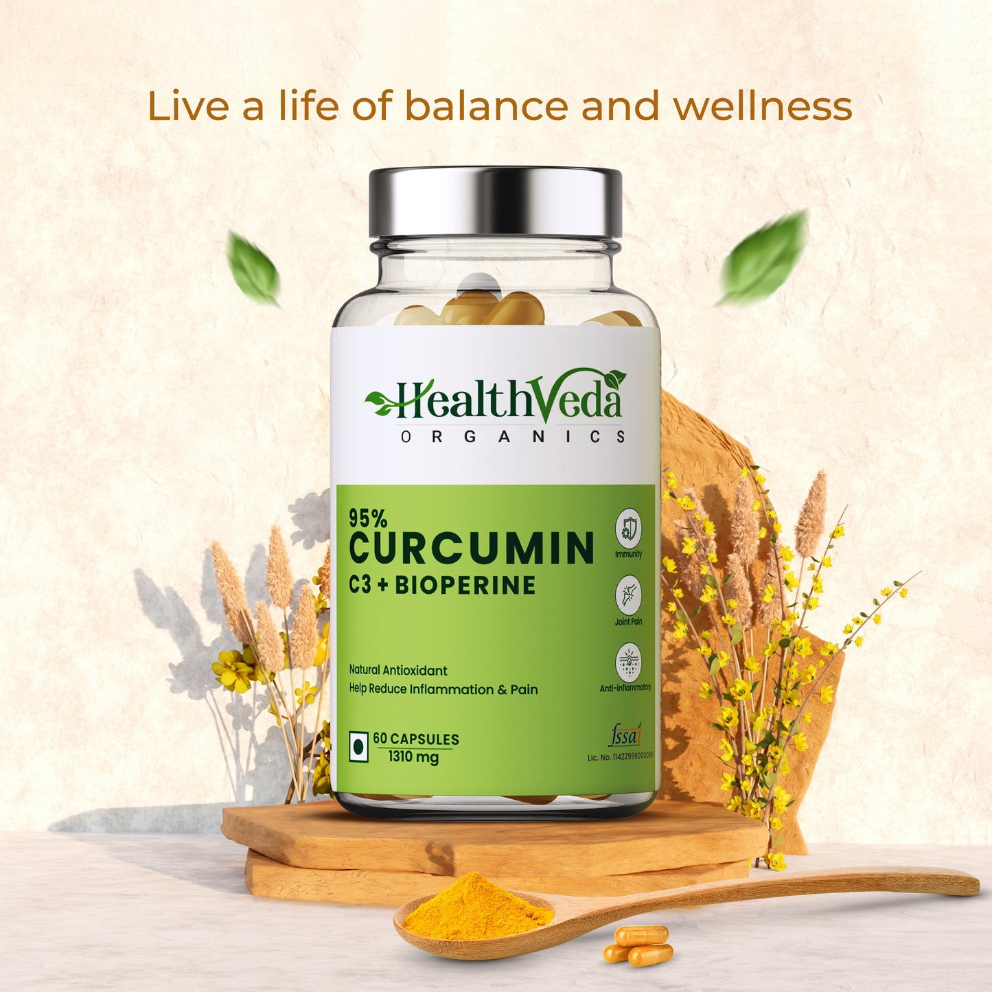 Health Veda Organics Curcumin C3 + Bioperine Supplements, 1310 Mg | 60 Veg Capsules | Supports Joint & Muscle Health