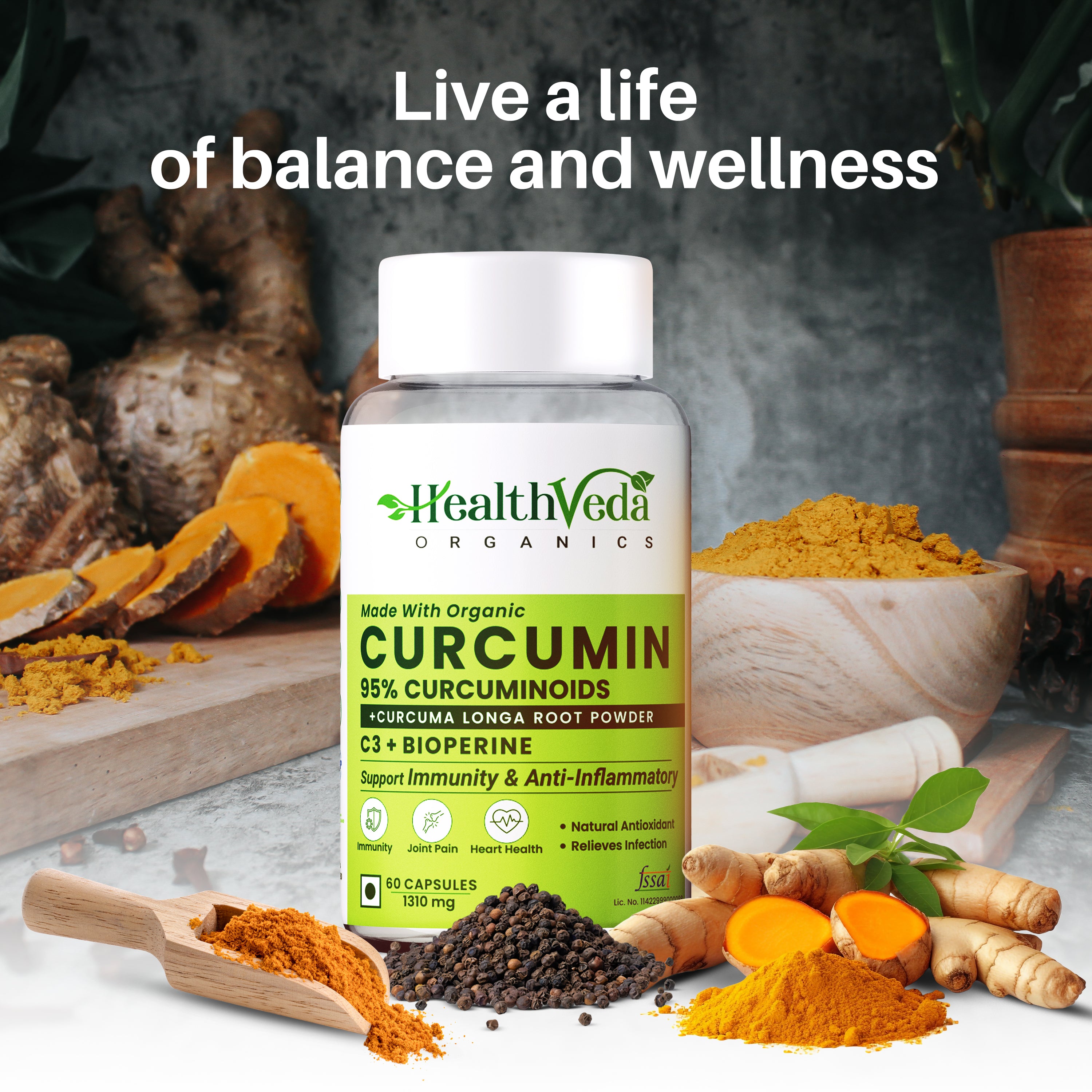 Health Veda Organics Curcumin C3 + Bioperine Supplements, 1310 Mg | 60 Veg Capsules | Supports Joint & Muscle Health