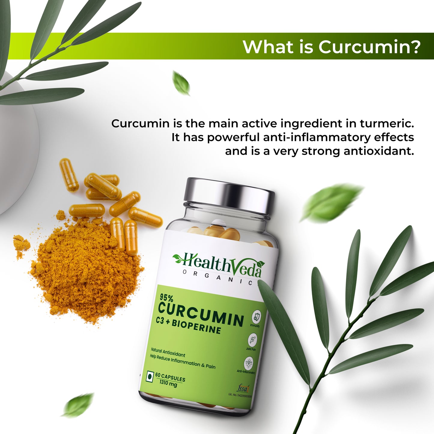 Health Veda Organics Curcumin C3 + Bioperine Supplements, 1310 Mg | 60 Veg Capsules | Supports Joint & Muscle Health