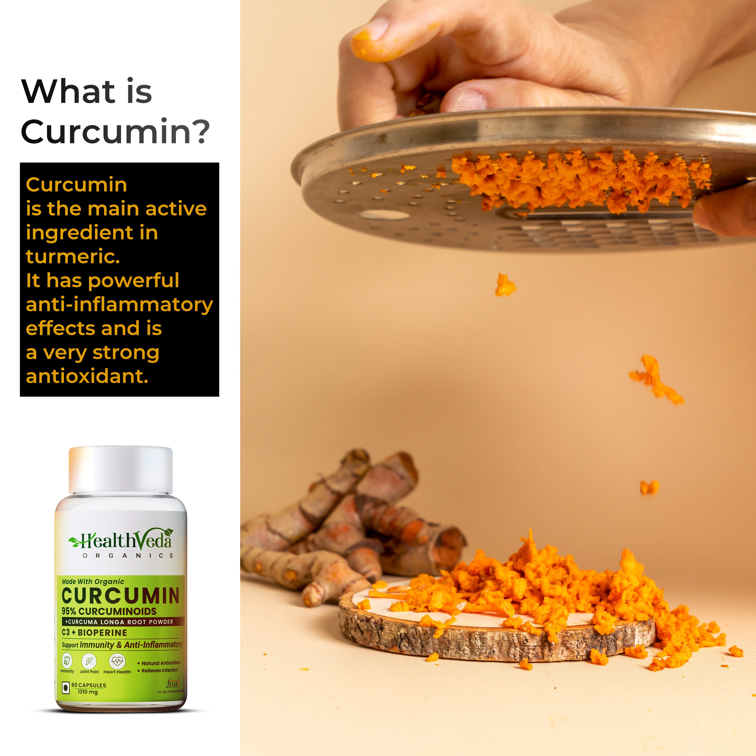 Health Veda Organics Curcumin C3 + Bioperine Supplements, 1310 Mg | 60 Veg Capsules | Supports Joint & Muscle Health