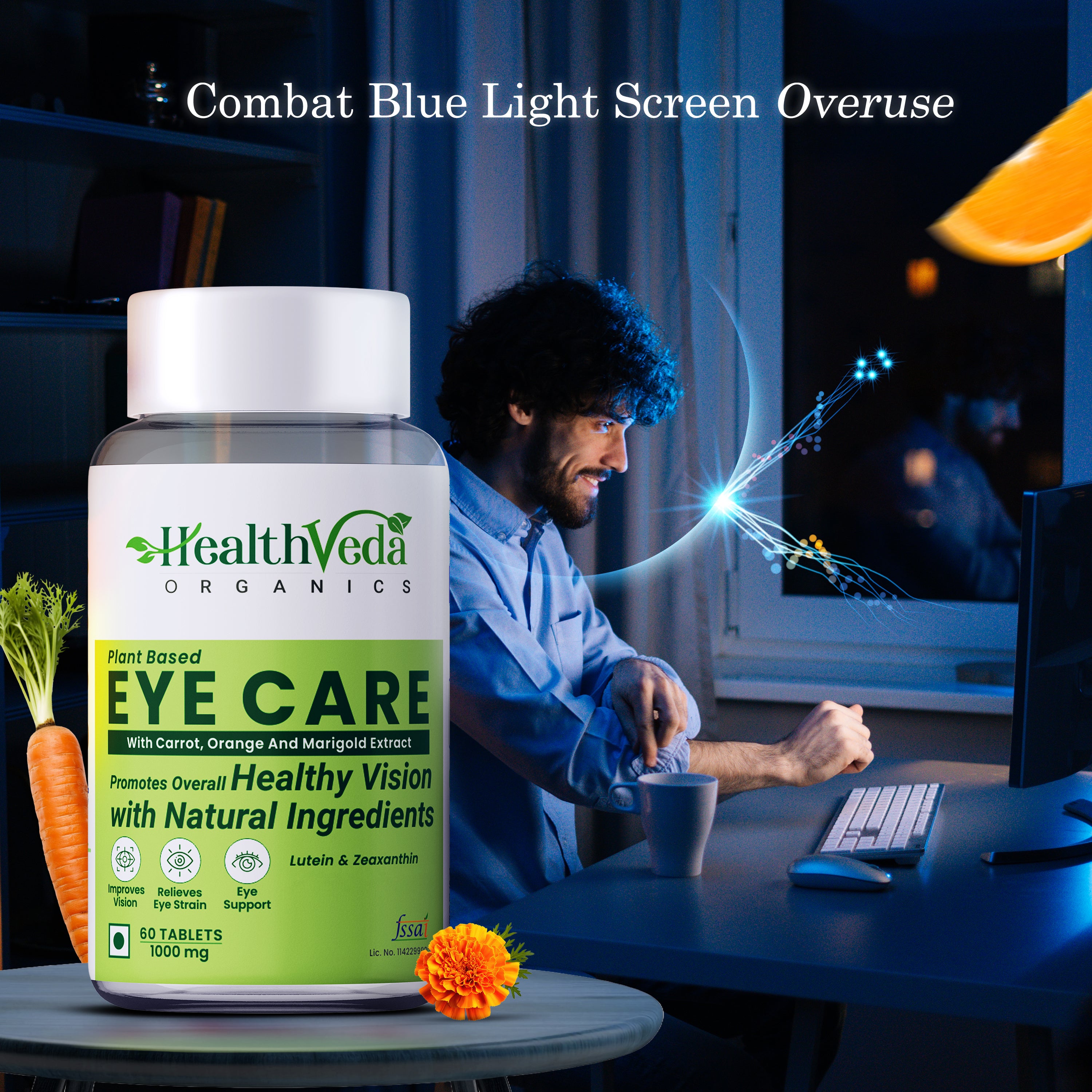 Health Veda Organics Plant-Based Eye Care | Lutein & Zeaxanthin with Carrot & Orange Extract | Supports Vision & Enhances Retina - 60 Veg Tablets