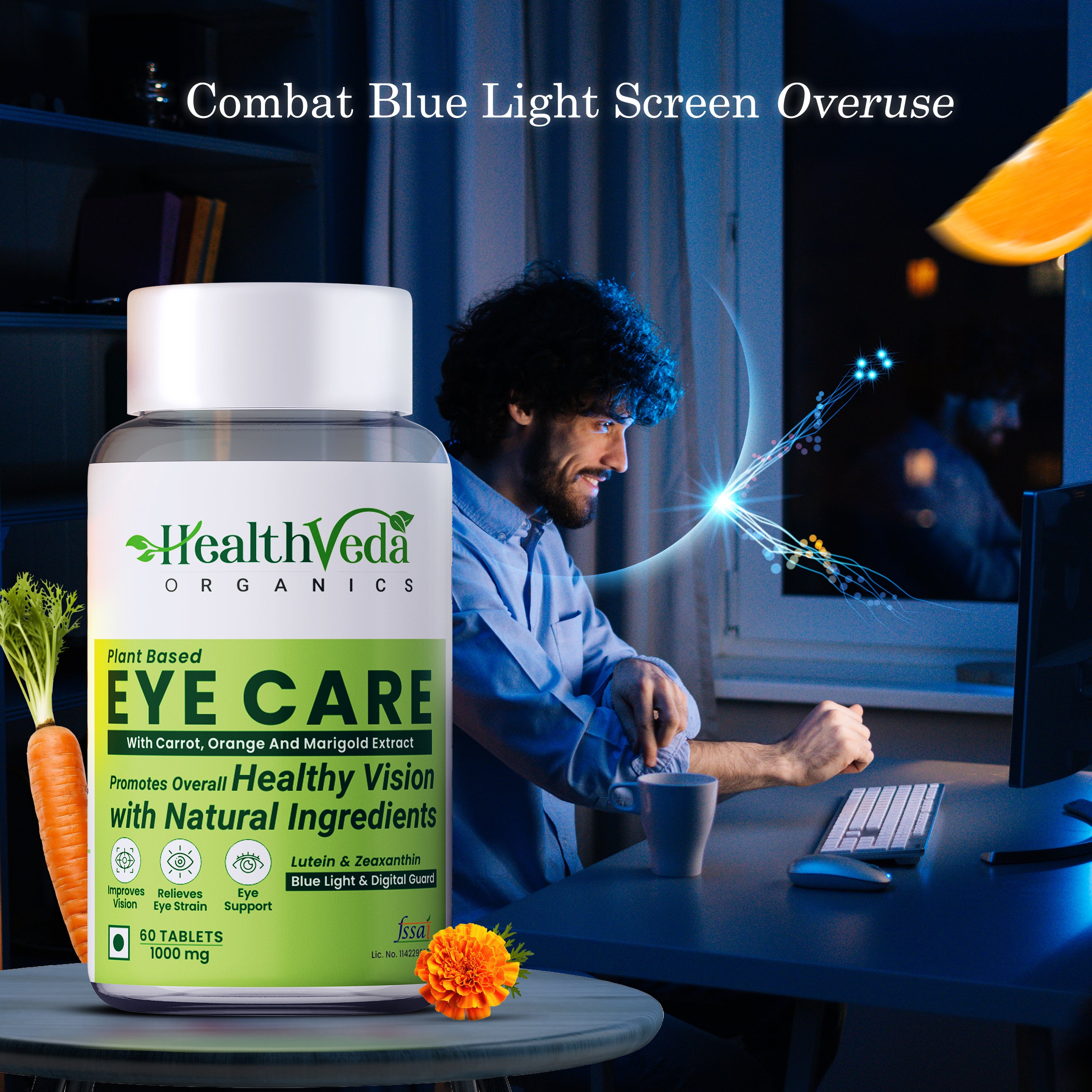 Health Veda Organics Eye Care 1000 mg Tablets Supports Vision & Enhances Retina - 60 Veg Tablets