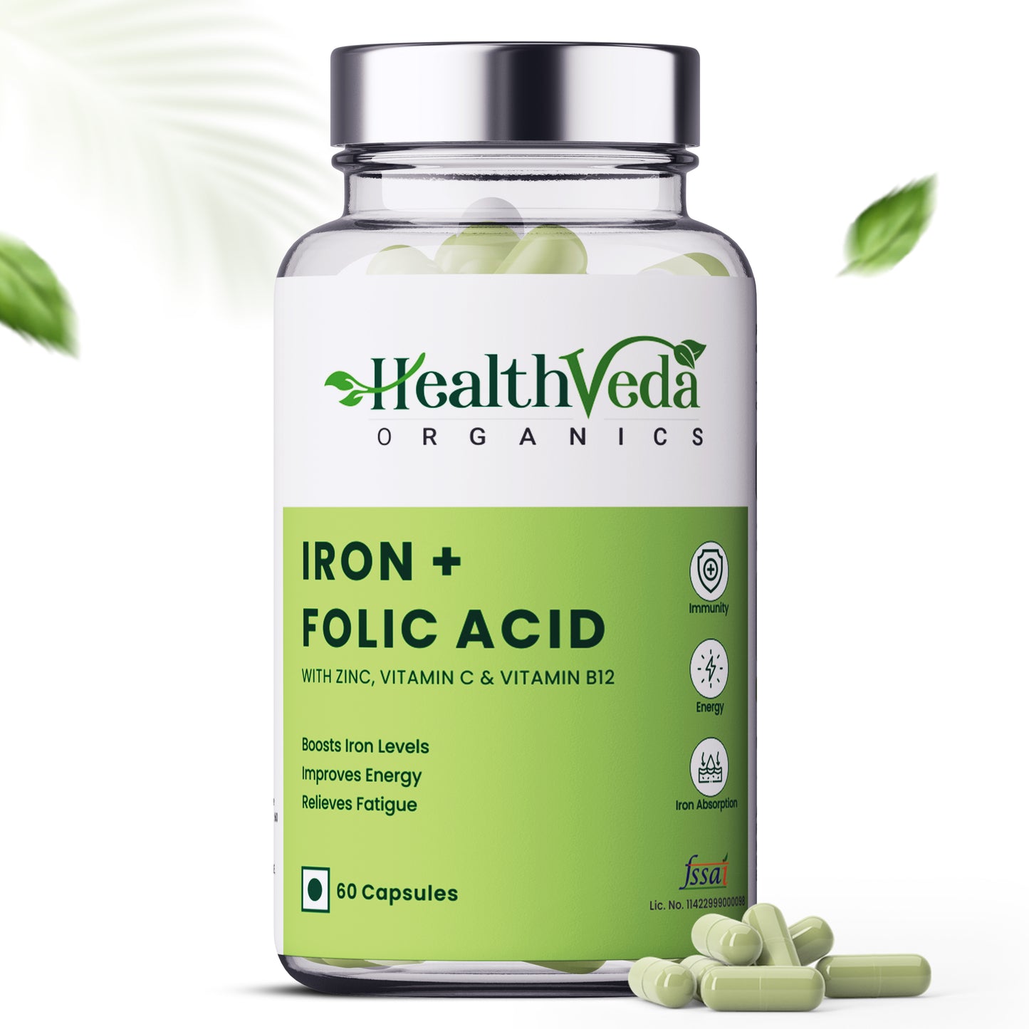 Health Veda Organics Iron + Folic Acid Supplement with Zinc, Vitamin C & Vitamin B12 | 60 Veg Capsules