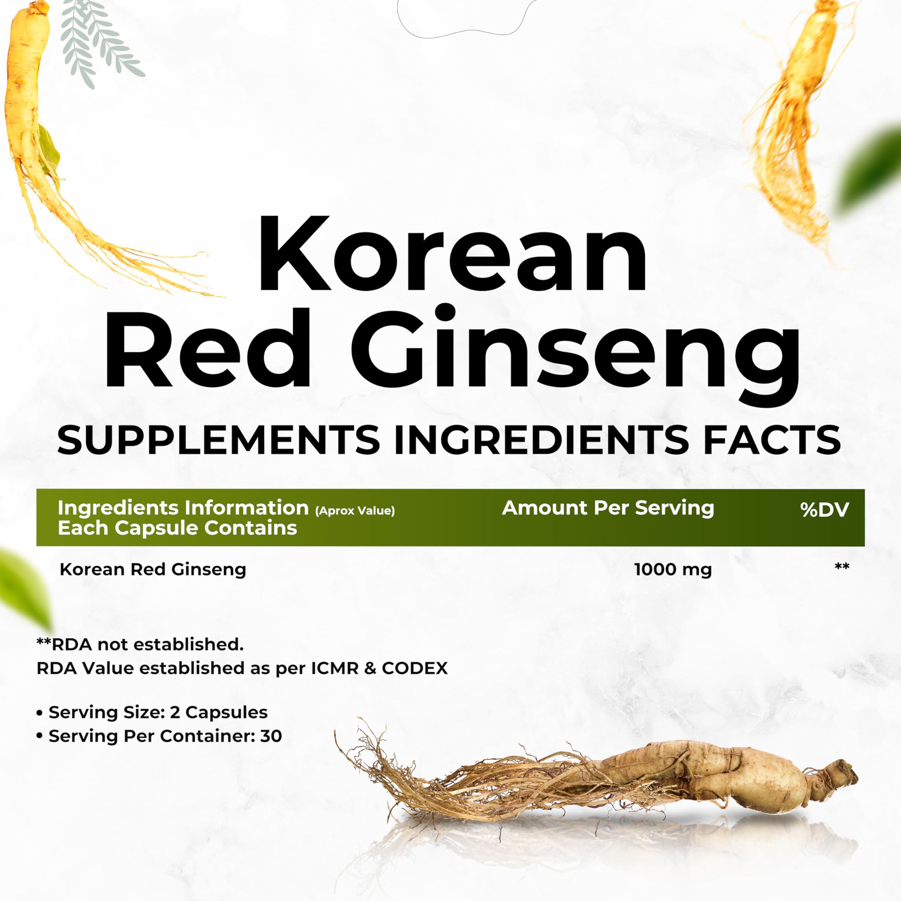 Health Veda Organics Korean Red Ginseng Capsules 1000 mg | Supports Brain Function, Boosts Immunity, Vitality, Energy & Focus- 60 Vegetarian Capsules