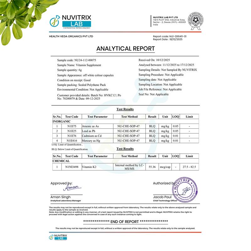 HEALTH VEDA ORGANICS PRIVATE LIMITED Vitamin K2 | 100% Vegetarian Vitamin K2 Benefits in Bone Health - 55mcg - 120 Vitamin K27 Capsules
