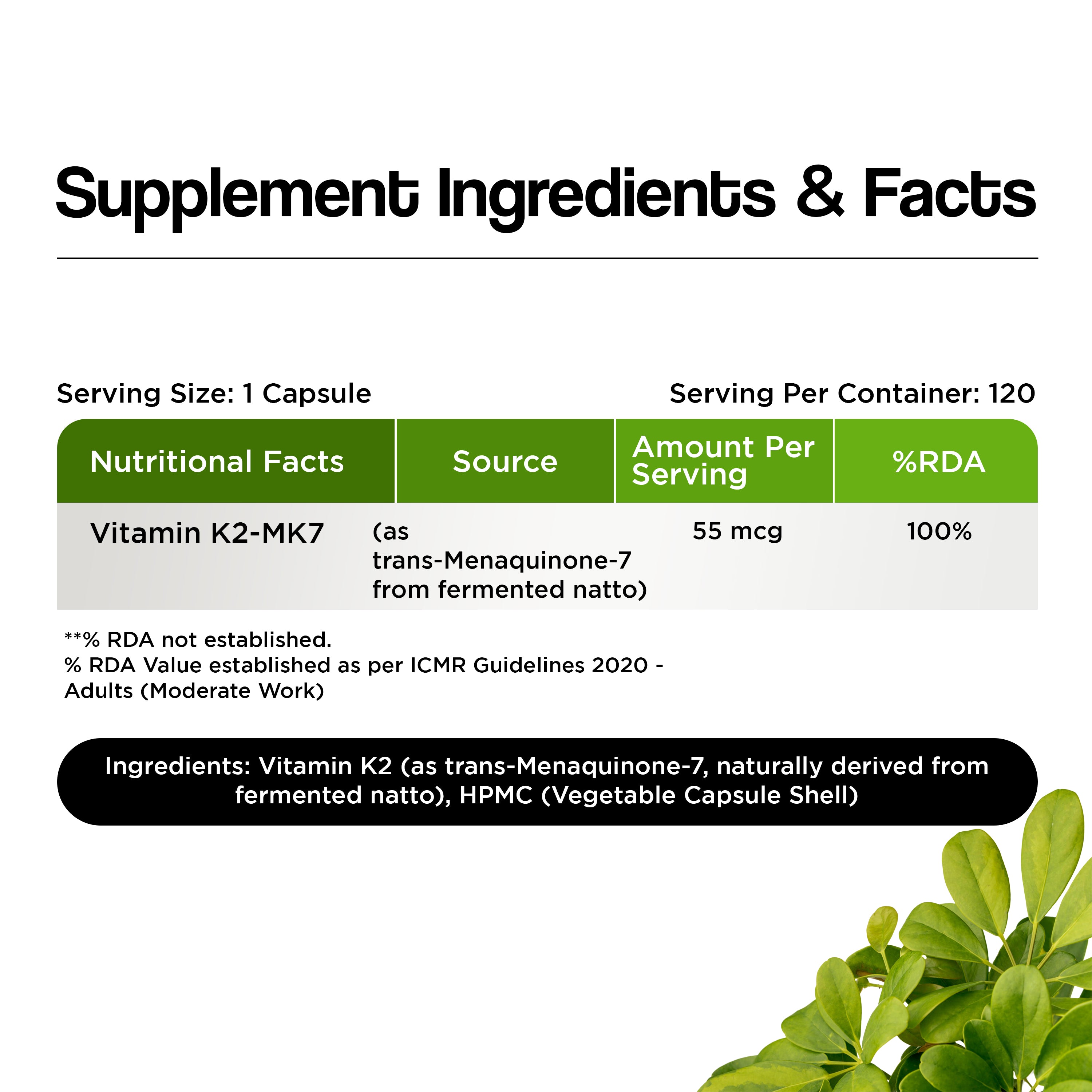 HEALTH VEDA ORGANICS PRIVATE LIMITED Vitamin K2 | 100% Vegetarian Vitamin K2 Benefits in Bone Health - 55mcg - 120 Vitamin K27 Capsules