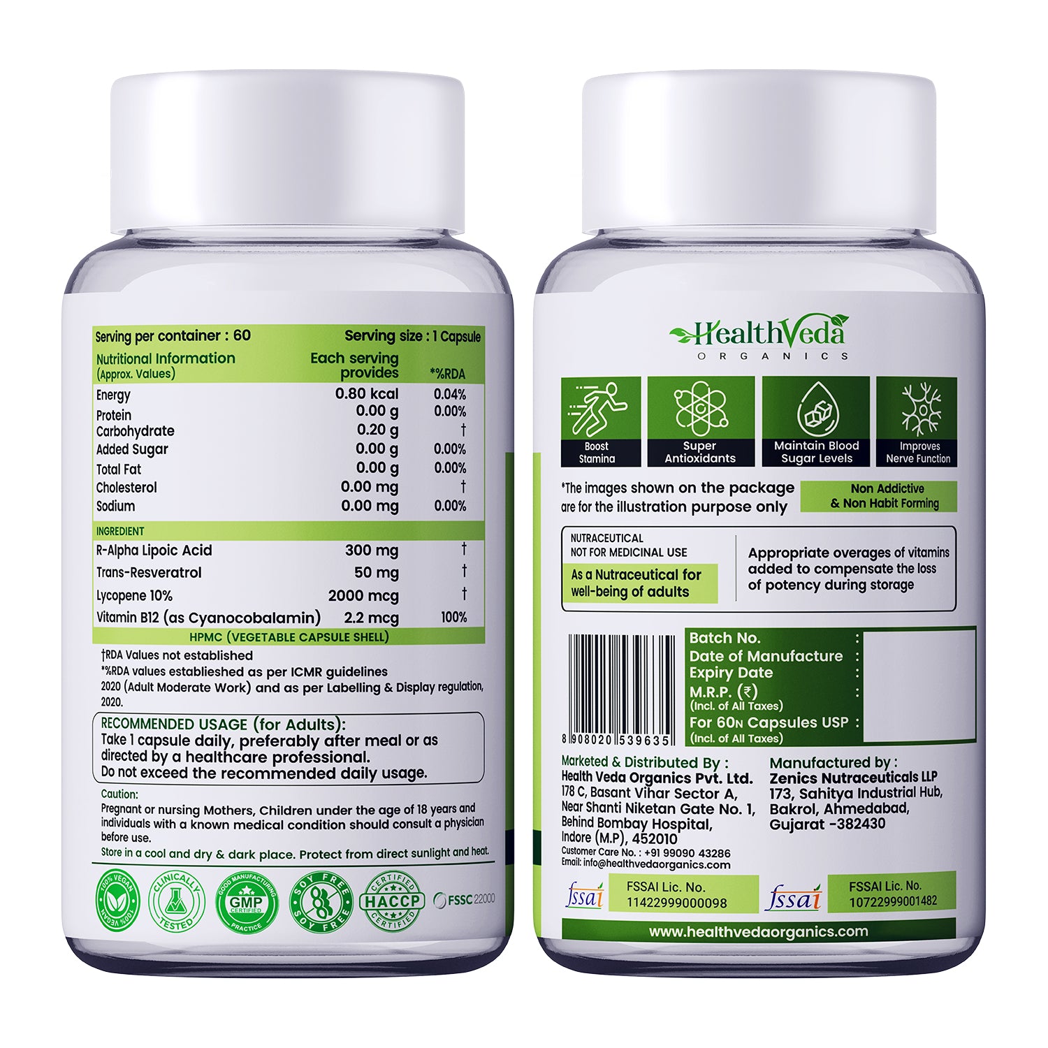 Health Veda Organics R-Alpha Lipoic Acid 300 mg with Vitamin B12, Trans-Resveratrol & Lycopene | High Absorption ALA for Blood Sugar, Nerve & Heart Health Support | 60 Veg Capsules