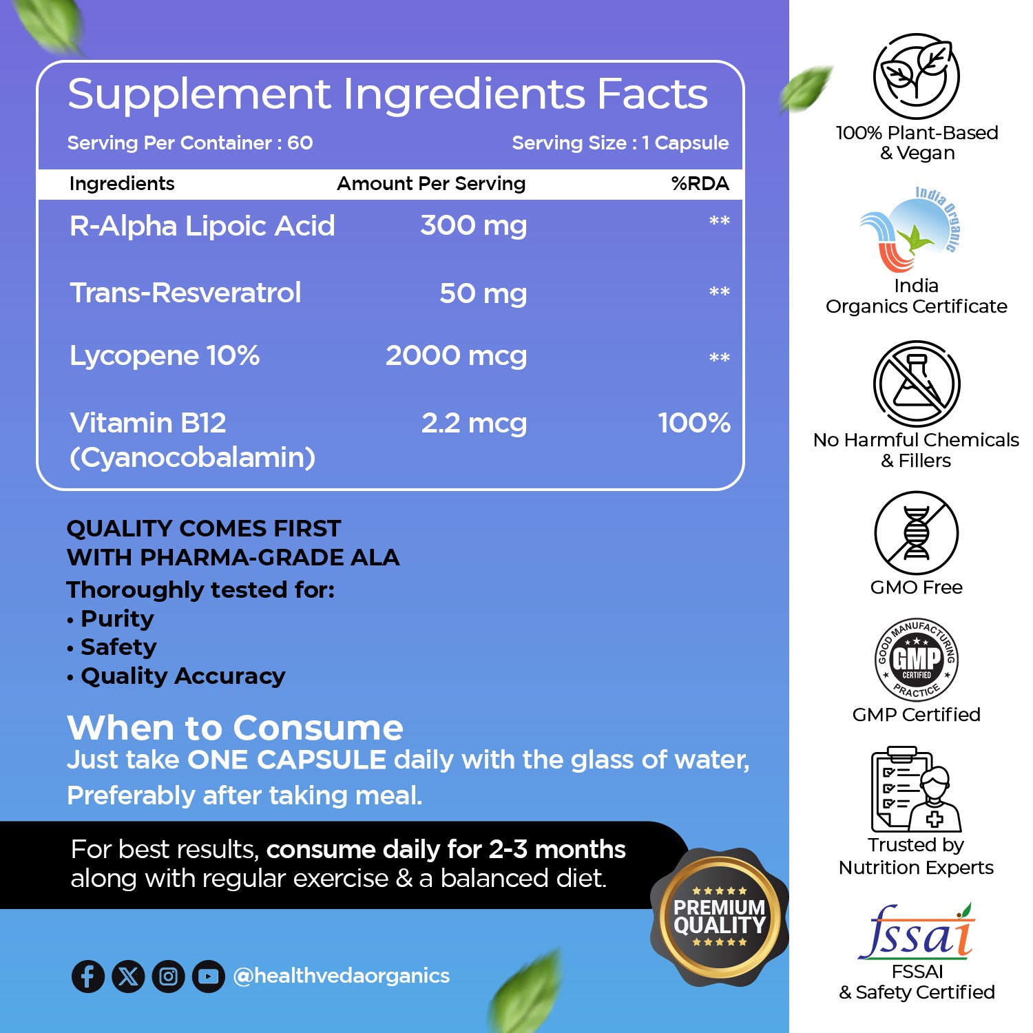 Health Veda Organics R-Alpha Lipoic Acid 300 mg with Vitamin B12, Trans-Resveratrol & Lycopene | High Absorption ALA for Blood Sugar, Nerve & Heart Health Support | 60 Veg Capsules