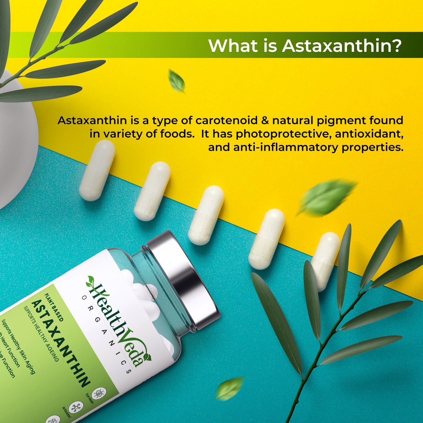 Health Veda Organics Plant Based Astaxanthin 6 mg for Eye, Joint & Skin Health - 60 Veg Capsules