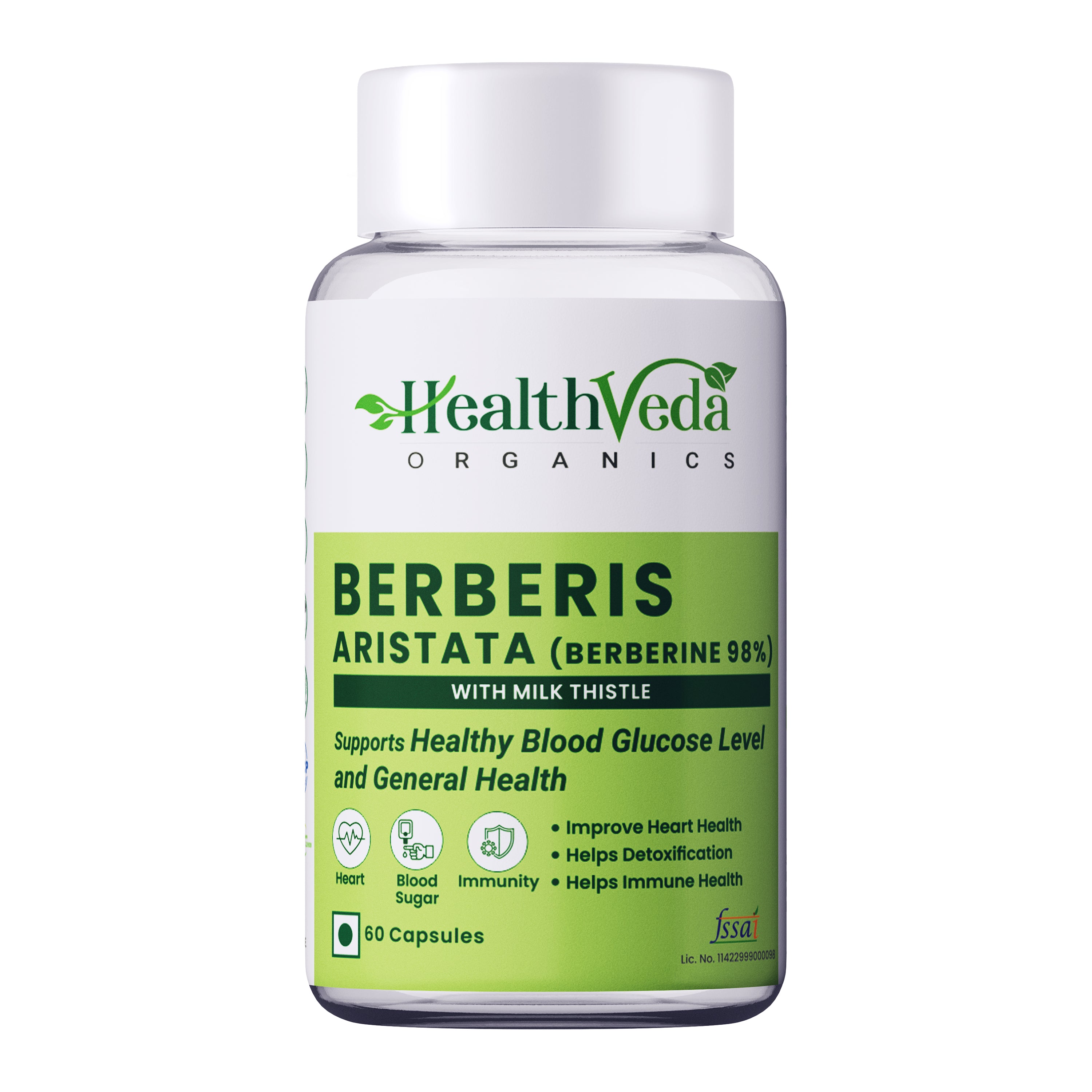 Health Veda Organics Berberis Aristata (98% Berberine) with Milk Thistle 60 Capsules Pack for Men and Women, Support Healthy Blood Glucose Level Support General Health, Help in Detoxification