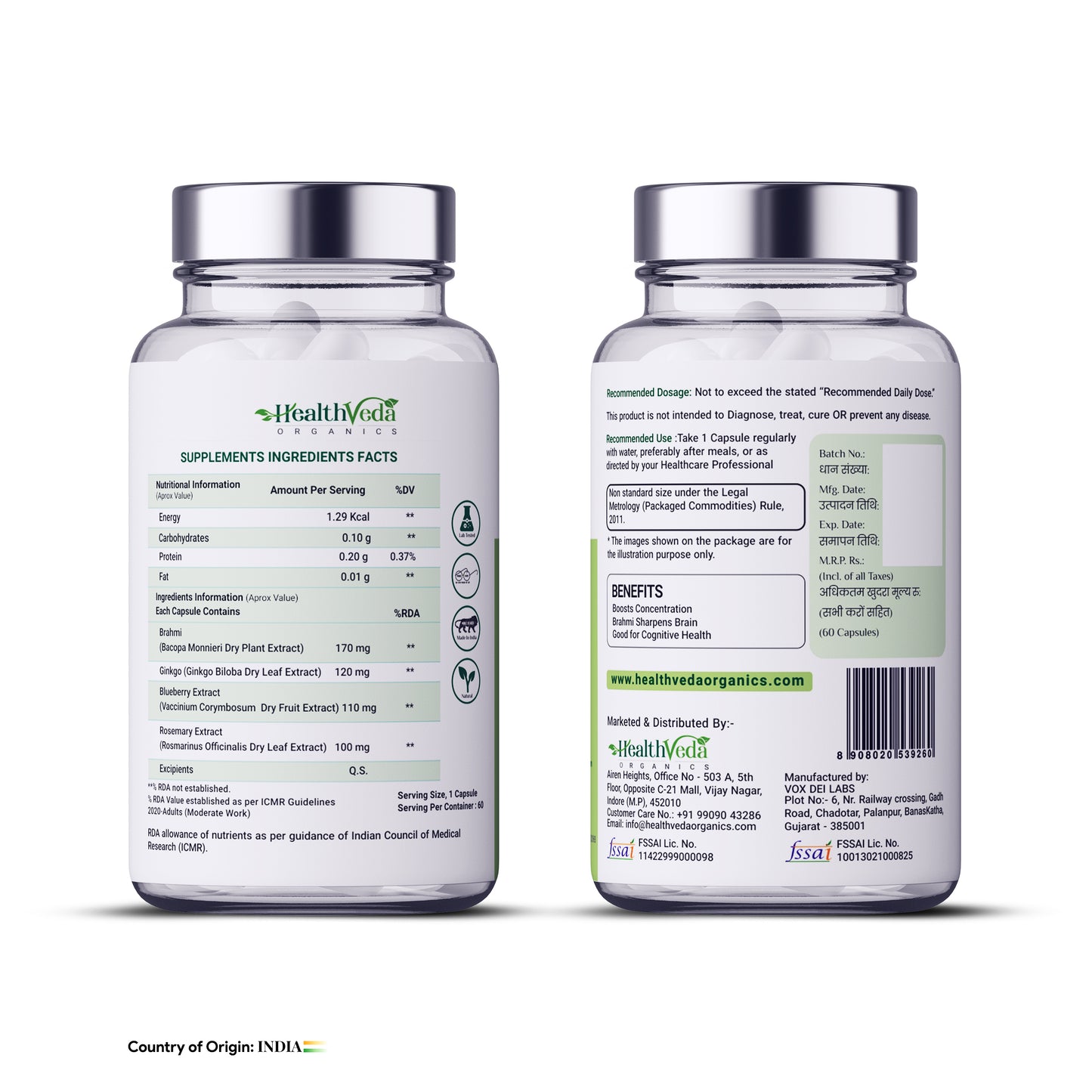 Health Veda Organics Plant Based Brain Memoriser with Ginkgo Biloba (120mg) & Brahmi (170mg) for Concentration - 60 Veg Capsules