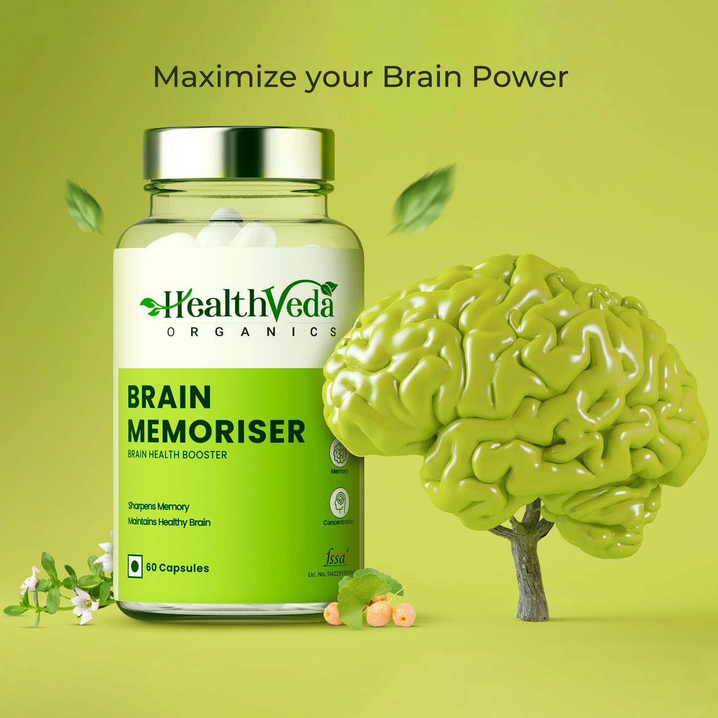 Health Veda Organics Plant Based Brain Memoriser with Ginkgo Biloba (120mg) & Brahmi (170mg) for Concentration - 60 Veg Capsules