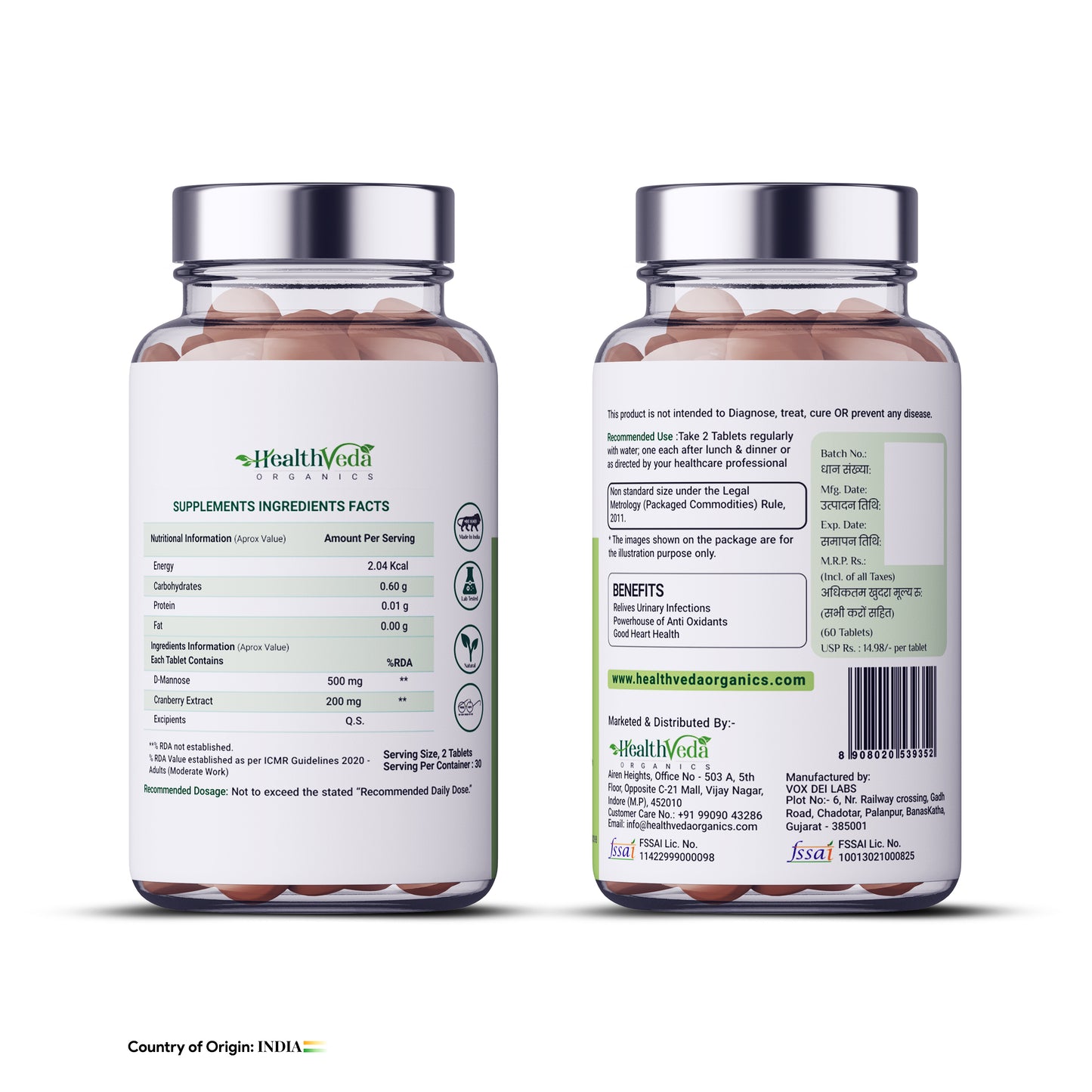 Health Veda Organics D-Mannose 500 mg + Cranberry Extract 200 mg for Kidney Health & Urinary Tract Infection - 60 Veg Tablets