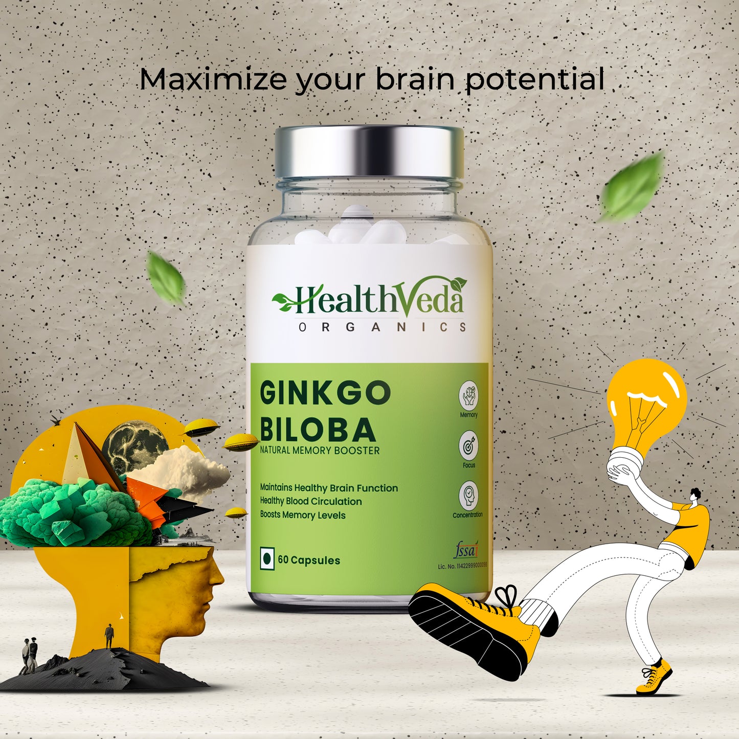 Health Veda Organics Ginkgo Biloba 120 mg Capsules I For Better Concentration, Memory & Learning - 60 Veg Capsules