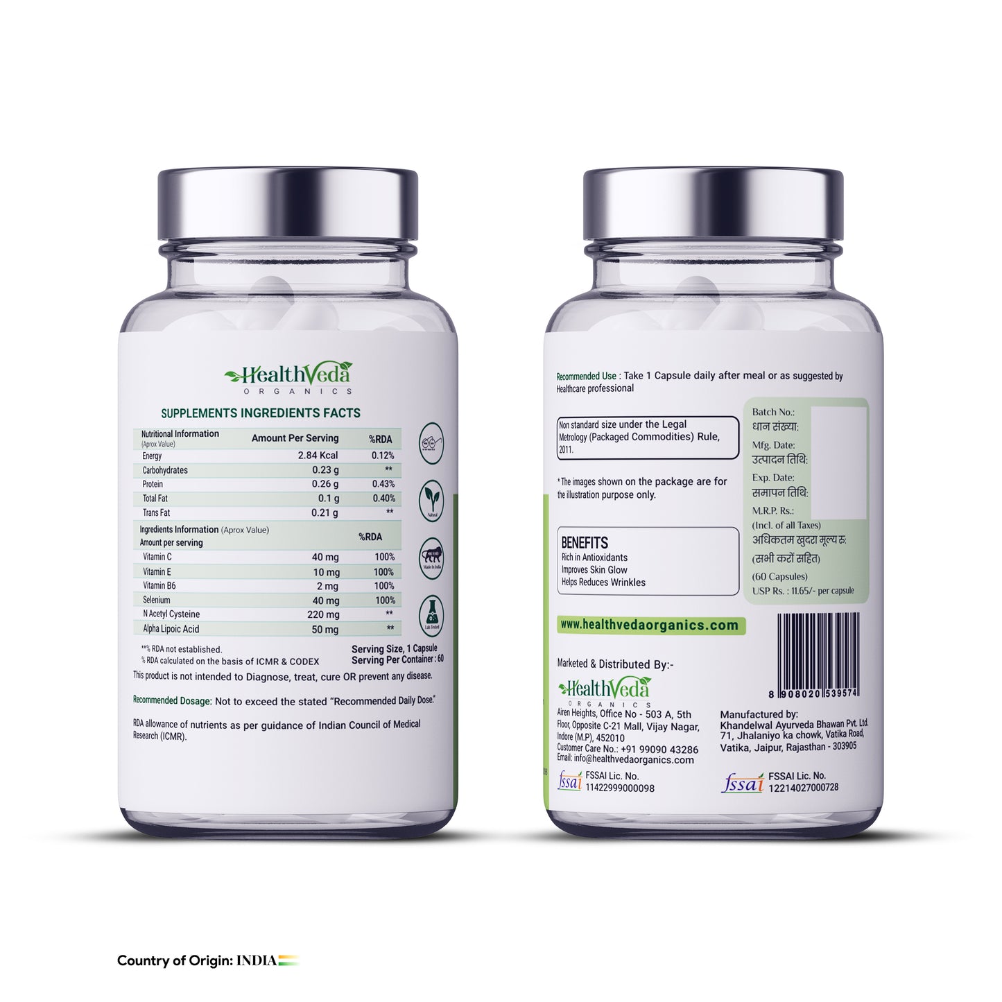 Health Veda Organics Glutathione Builder with Tetrahydro curcuminoids & Grape Seed Extract | 60 Veg Capsules
