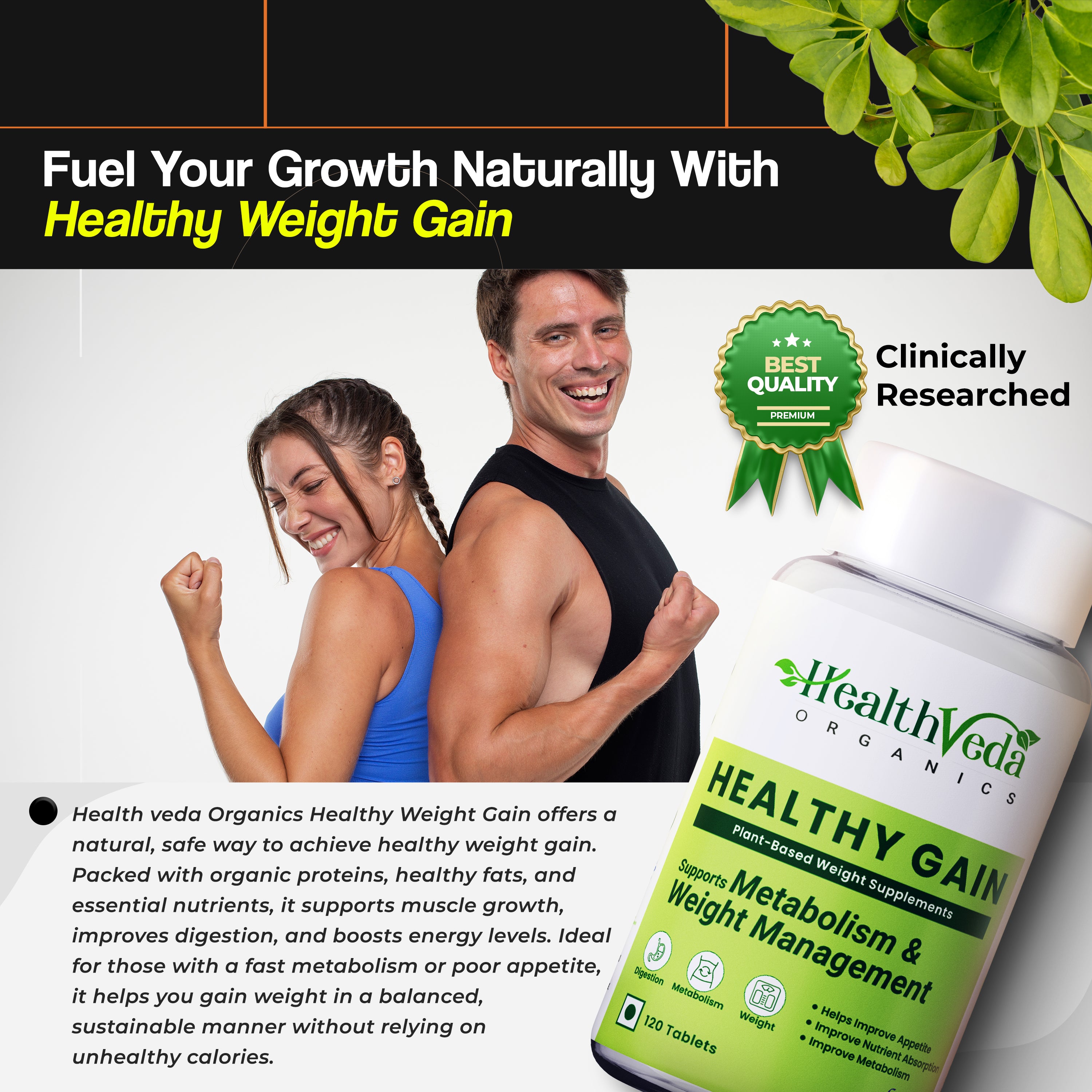 Health Veda Organics Healthy Gain 120 Tablets | A Herbal Weight Gainer | Help to Improve Metabolism, Digestion, Appetite, Weight Gain & Mass Muscle Growth for Both Men and Women