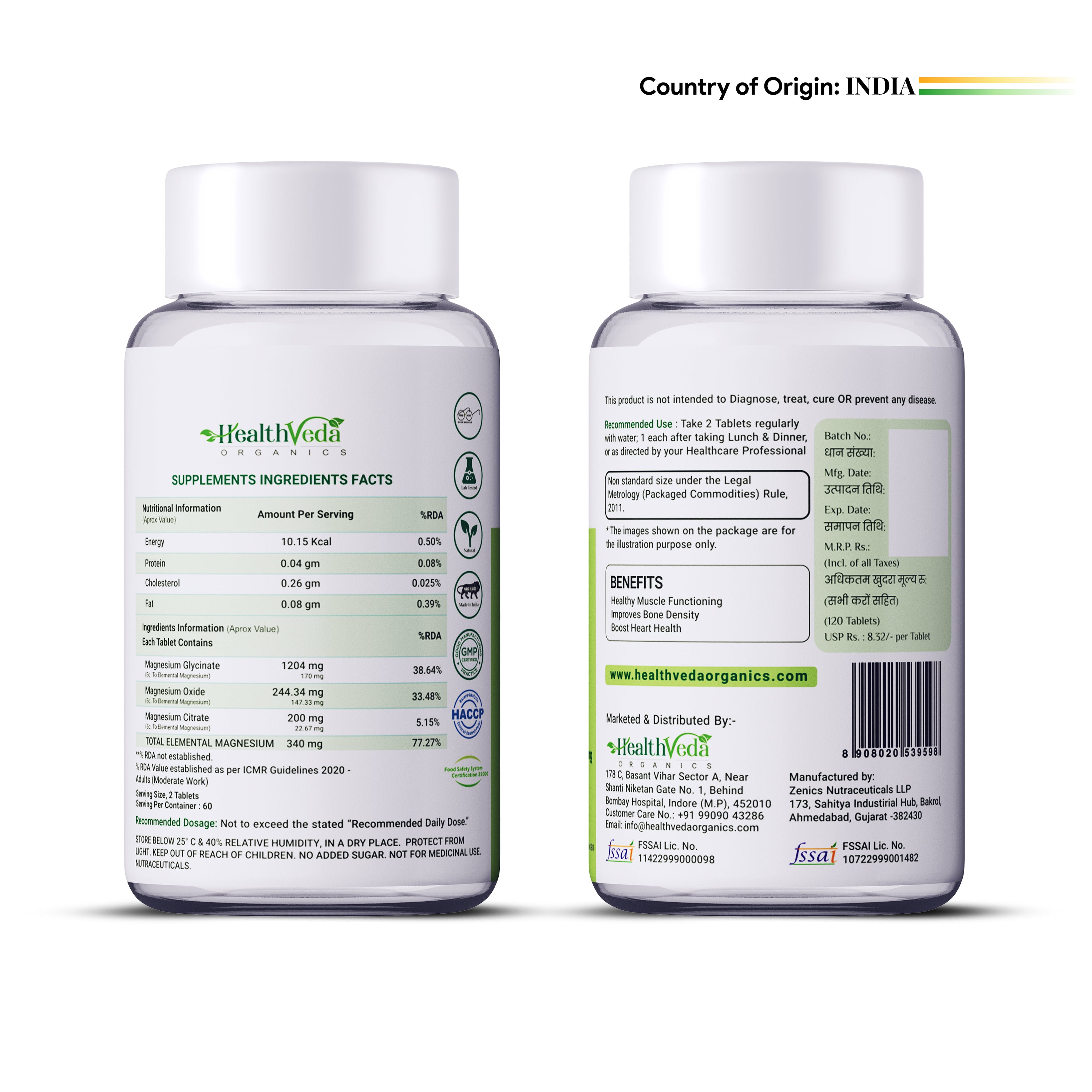 Health Veda Organics Magnesium Citrate+Glycinate 1648mg 120 Veg Tablets for Men & Women | for Healthy Muscle Functioning, Improves Bone Density, Nerve System, Boost Immunity, Relief and Natural Sleep